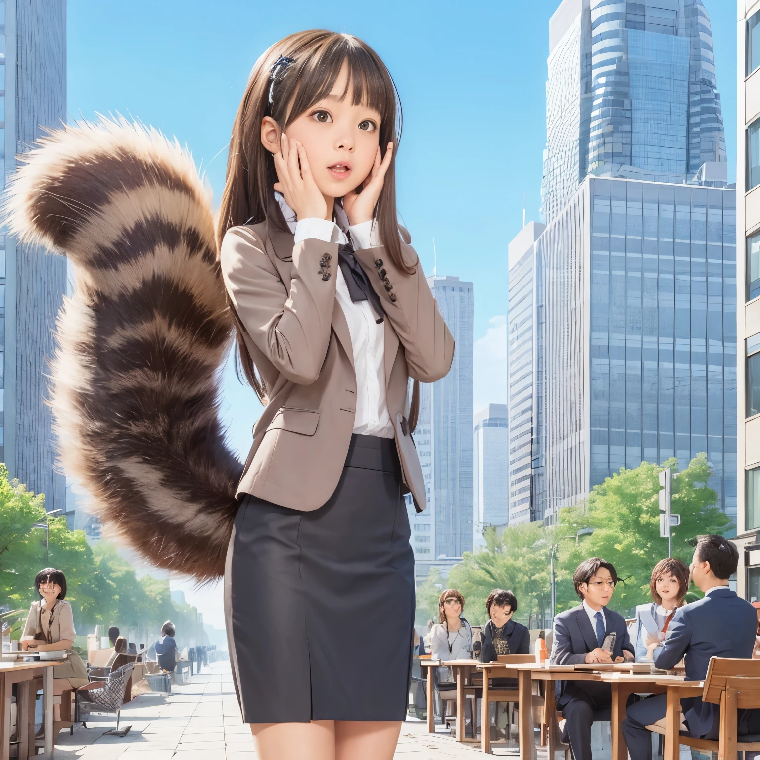 A woman wearing a pleated skirt suit with a raccoon tail, anthropomorphic raccoon, けもの, realistic, a picture, top-quality, Surprised face