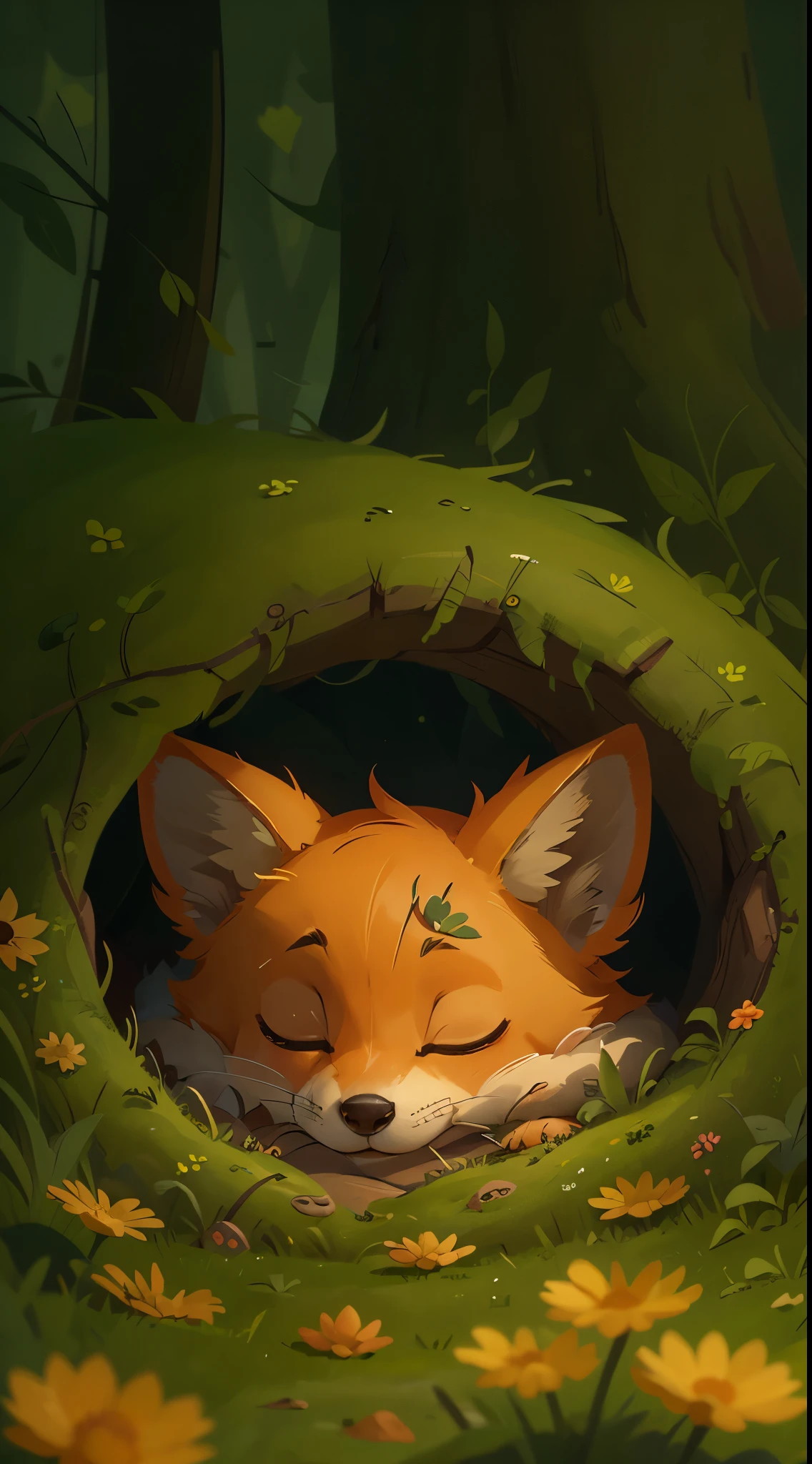 it's late at night,cute fox,Illustration of sleeping in a warm tree hole, She rolled up into a ball,Enter sweet dreams。goodnight,The little fox。close up, Pixar cinematic style, Best quality at best, cinematic Film still from, extremely cute,
