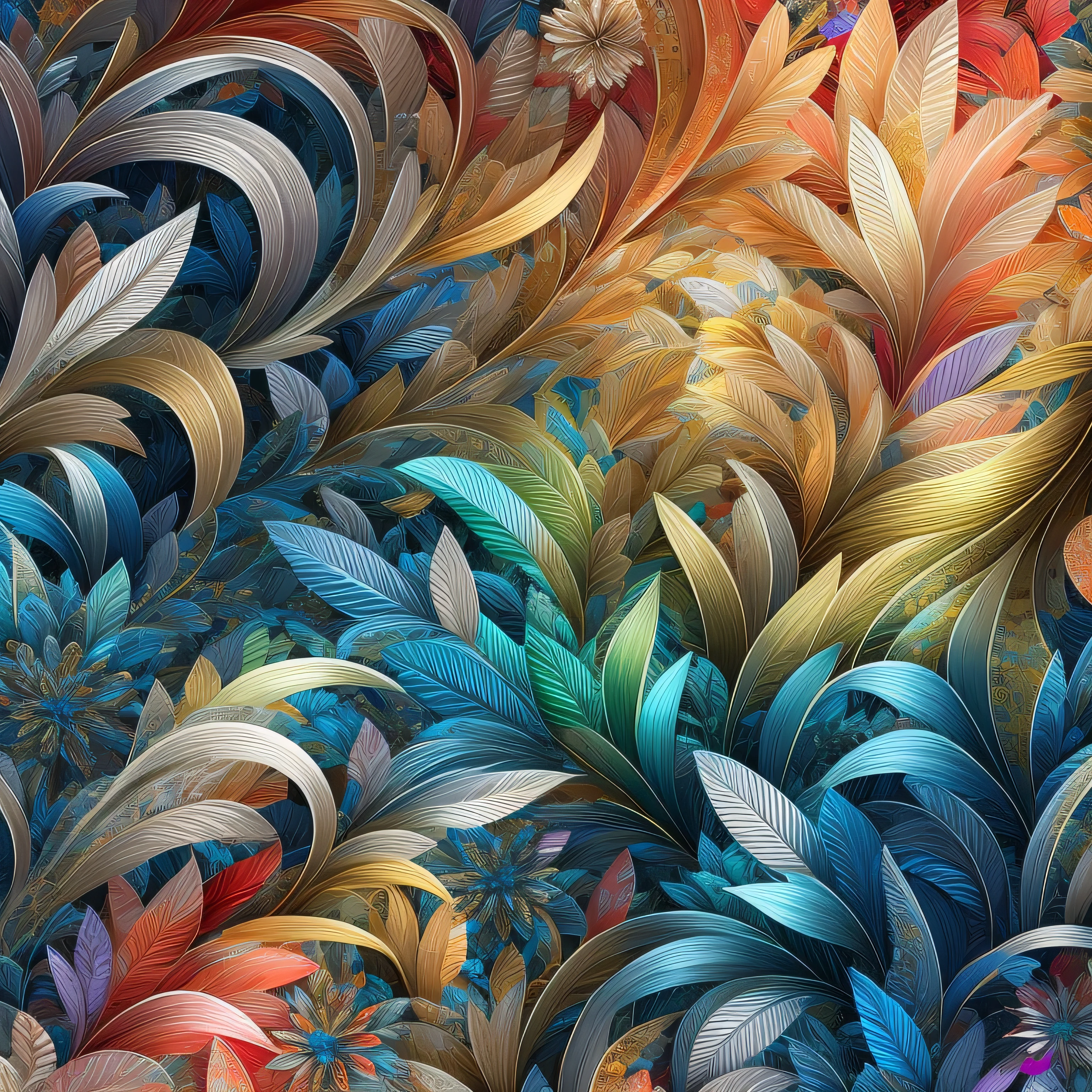 um close de um fundo floral colorido com muitas flores, Arte bonita UHD 4K, flores e folhas de fantasia, papel de parede do telefone. intrincado, arte colorida ultra detalhada, 4k highly arte digital detalhada, arte digital de detalhes surpreendentes, gradientes suaves. baroque period, arte colorida super detalhada, arte digital detalhada, 4k arte digital detalhada, intrincado patterns 4k