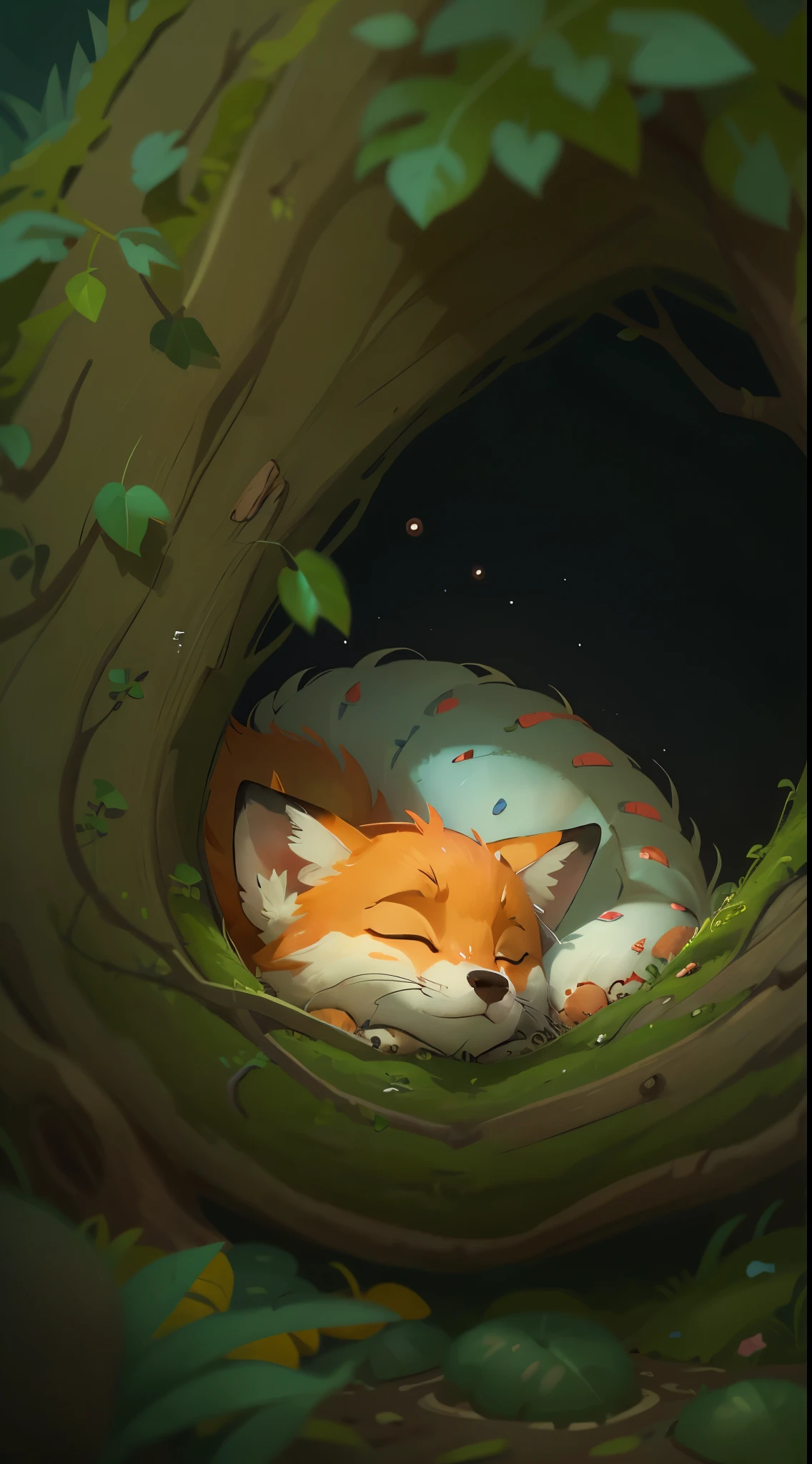 it's late at night,cute fox,Illustration of sleeping in a warm tree hole, She rolled up into a ball,Enter sweet dreams。goodnight,The little fox。close up, Pixar cinematic style, Best quality at best, cinematic Film still from, extremely cute,