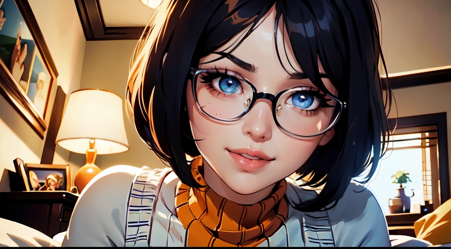 HD, 8k quality, masterpiece, Velma, dream girl huge tits, beautiful face, kissing lips, short bob hairstyle, long bangs, perfect makeup, realistic face, detailed eyes, blue eyes, brunette hair, eyelashes, smile grin, bedroom, sitting on bed, showing cameltoe, eyes at viewer, orange knitted turtle neck sweater, clear lens glasses, red school girl skirt,