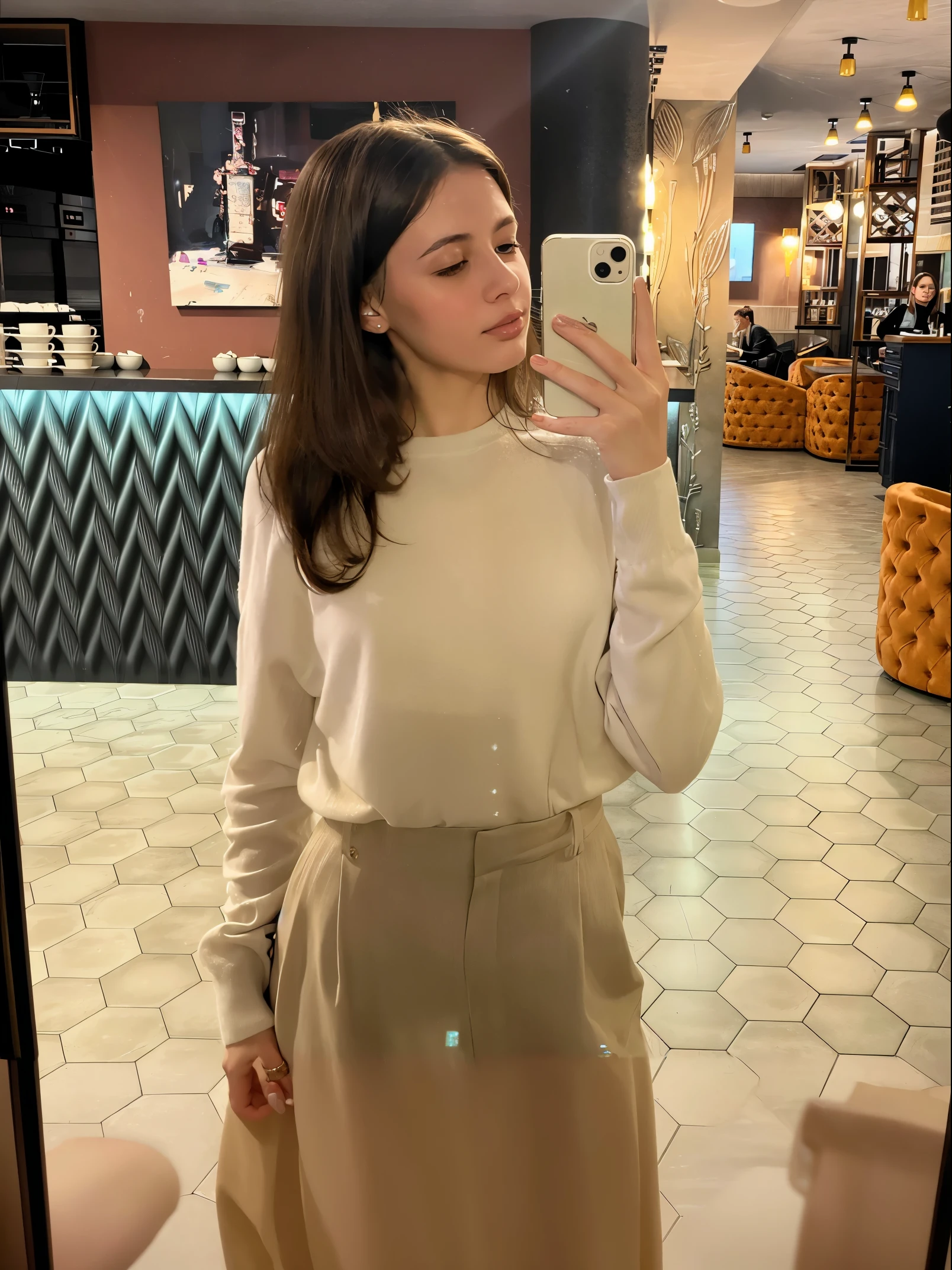 woman taking selfie in restaurant, in white turtleneck shirt, Standing in a restaurant, taken in 2 0 2 0, 8K selfie photograph, 8K)), ekaterina, The style of Yulia Razumova, selfie of a young woman, wearing elegant casual clothes, Mirror selfie, taken with sony alpha 9, in a bright café