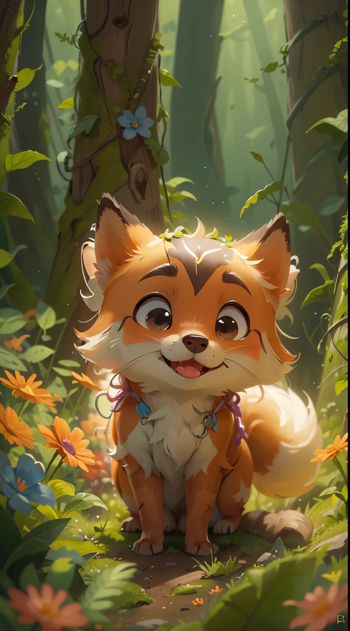A cute fox,Play in the forest,up front view, close up, Pixar cinematic style, Best quality at best, cinematic Film still from, extremely cute, largeeyes, eyes with brightness, birds and flowers around, flowers outside the cave, with her mouth open, Happy,