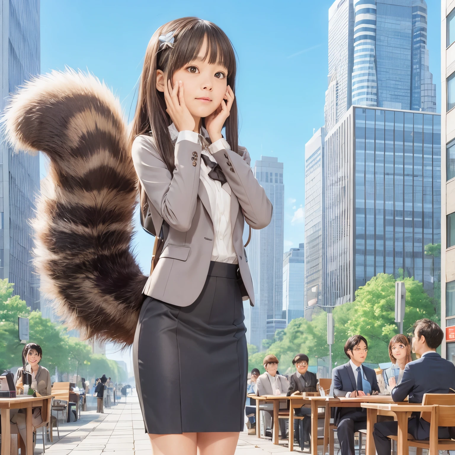 A woman wearing a pleated skirt suit with a raccoon tail, anthropomorphic raccoon, けもの, realistic, a picture, top-quality, Surprised face