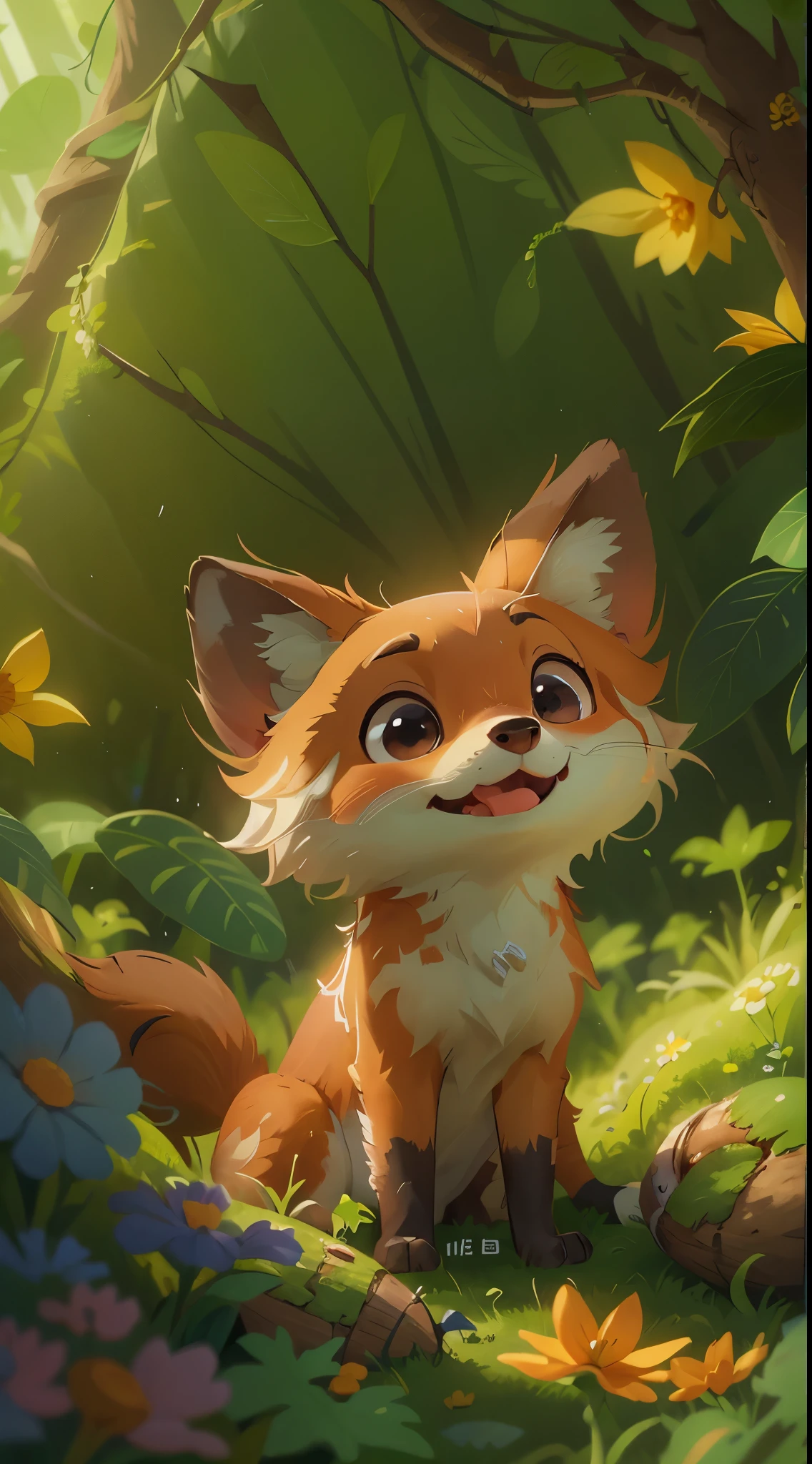 A cute fox，Play in the forest，up front view, close up, Pixar cinematic style, Best quality at best, cinematic Film still from, extremely cute, largeeyes, eyes with brightness, birds and flowers around, flowers outside the cave, with her mouth open, Happy，
