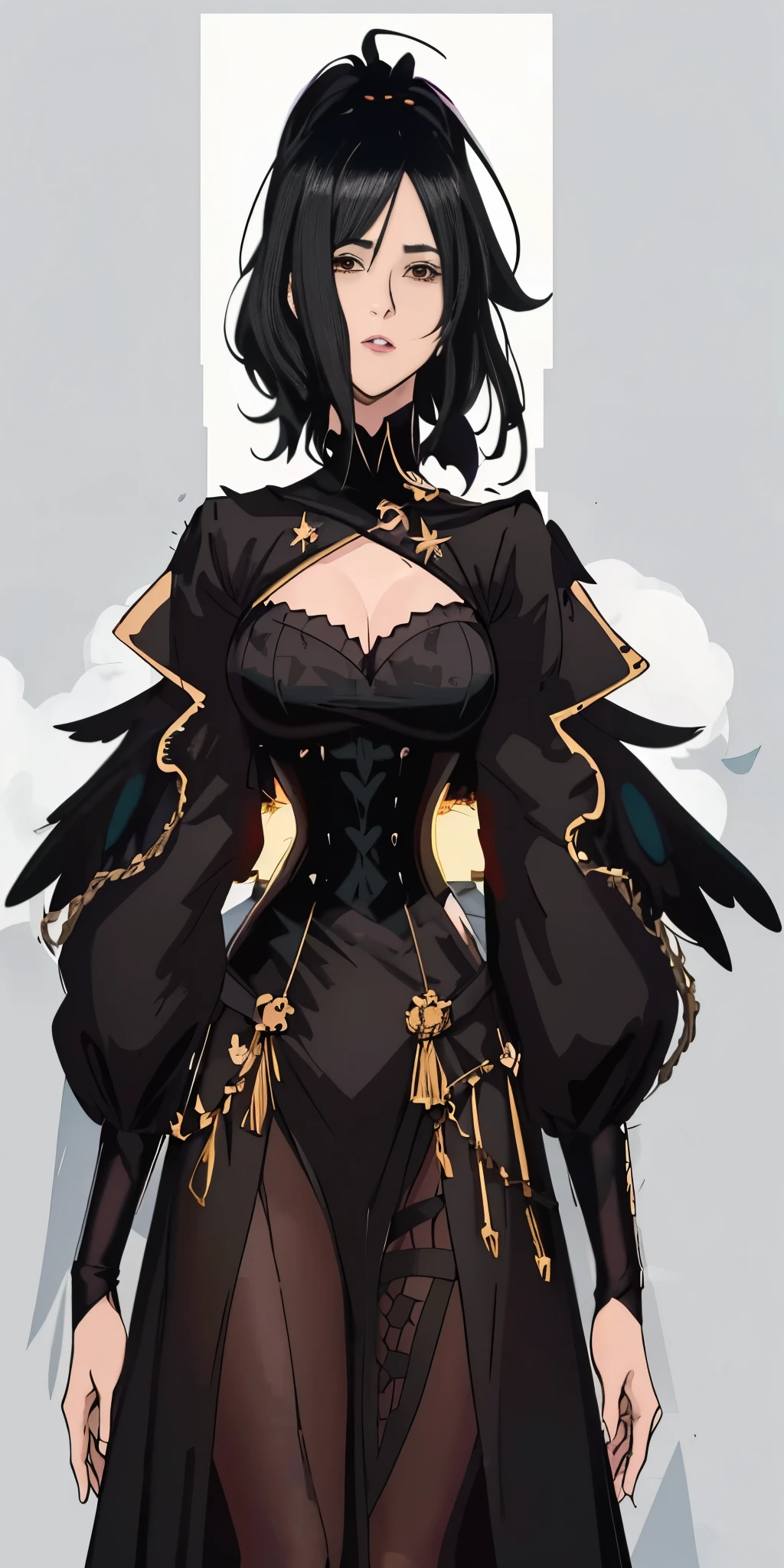 a woman in a black dress with a large black bird on her shoulder, ayaka genshin impact, anime girl wearing a black dress, black - haired mage, yennefer, full body adoptable, albedo from overlord, gothic maiden anime girl, fashionable dark witch, noire, dark witch character, witchcore clothes