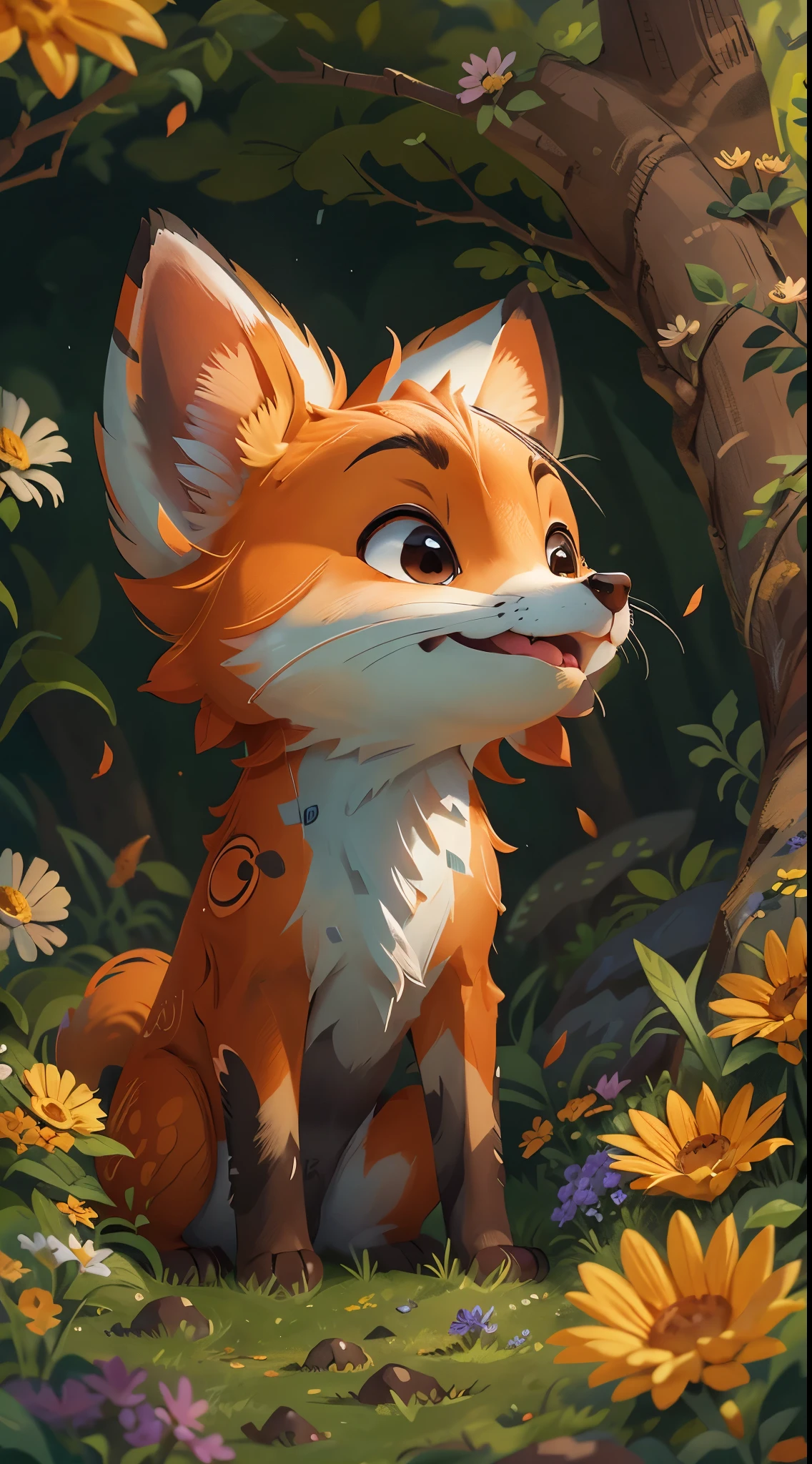 A cute fox，Play in the forest，up front view, close up, Pixar cinematic style, Best quality at best, cinematic Film still from, extremely cute, largeeyes, eyes with brightness, birds and flowers around, flowers outside the cave, with her mouth open, Happy，