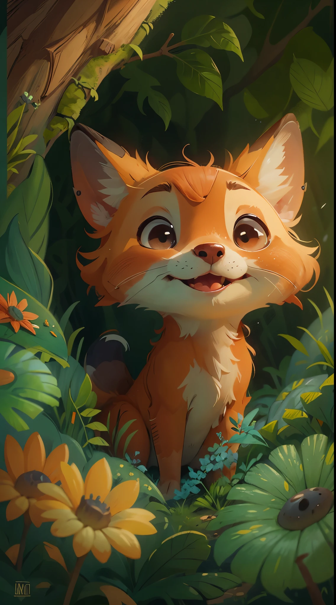 A cute fox,Play in the forest,up front view, close up, Pixar cinematic style, Best quality at best, cinematic Film still from, extremely cute, largeeyes, eyes with brightness, birds and flowers around, flowers outside the cave, with her mouth open, Happy,
