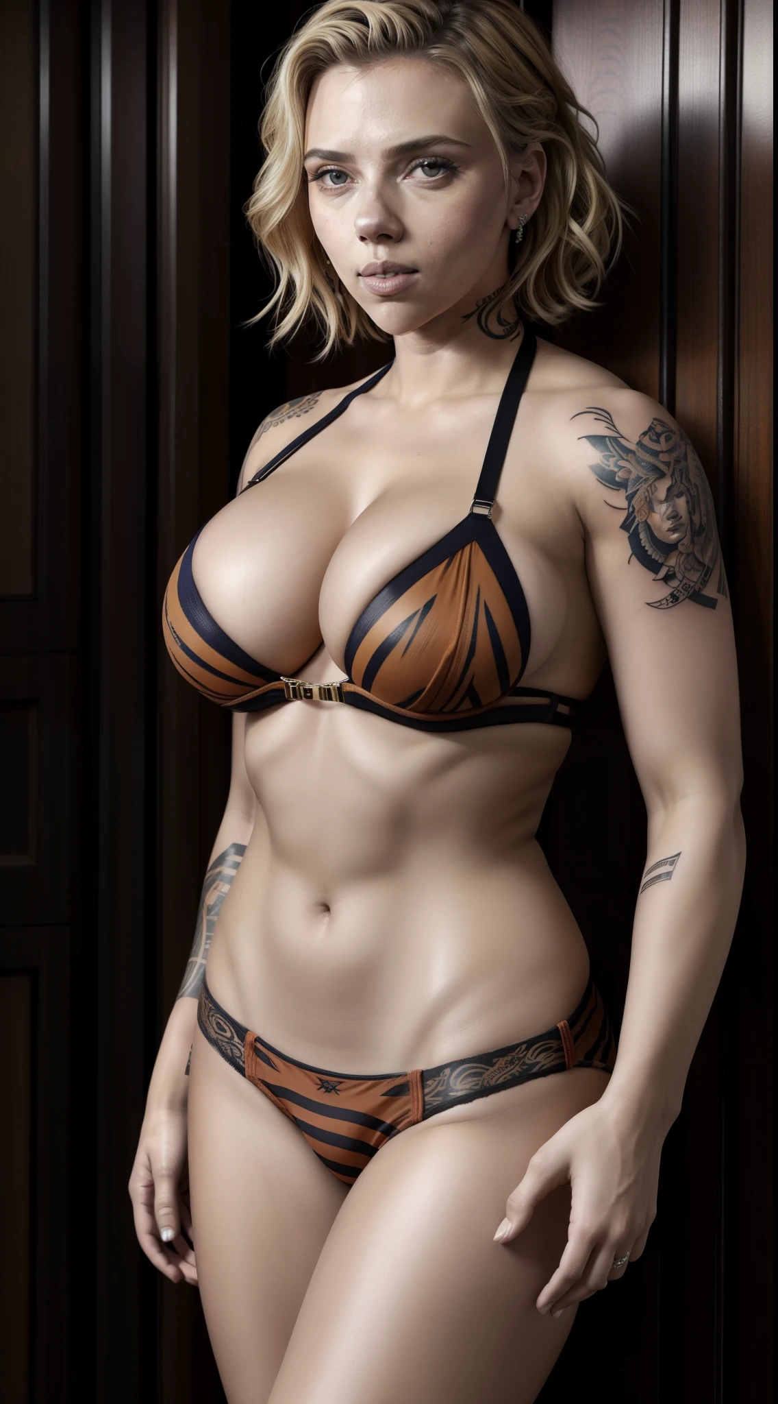Scarlett Johansson big boobs muscular with tattoos in tiger color micro thong hottest