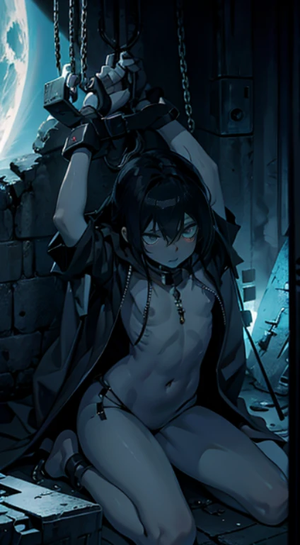 a naked handcuffed mato kuroi from black rock shooter sitting on an emo guys lap, space, space ship, futuristic, bdsm, bodnage, sex,rape , forced, sexual intercourse, handcuffed, restrained,