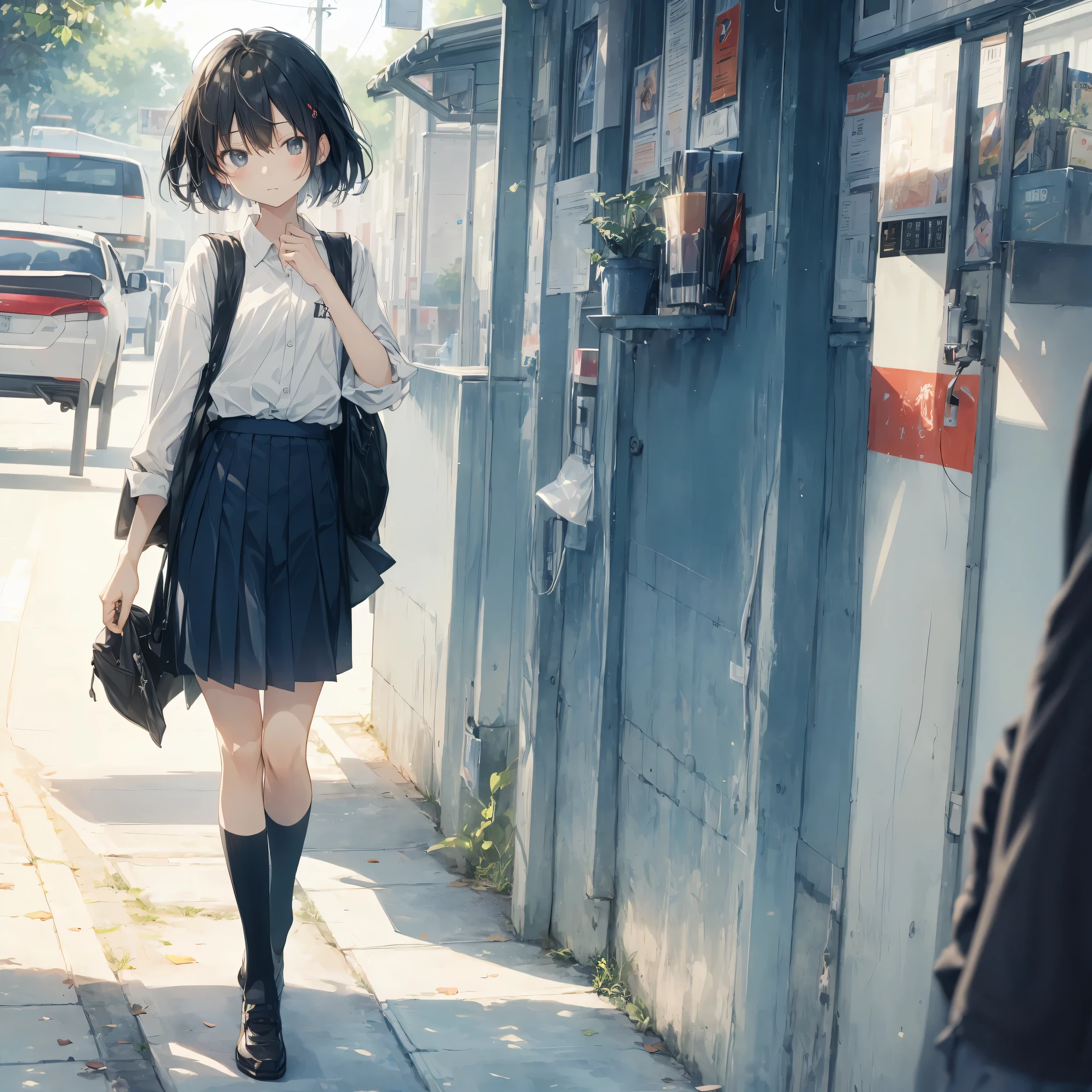 Super high quality by the art god, Ultra-detailed, High resolution, Shinkai Makoto style, anime moe art style, best anime 8K konachan wallpaper, Pixiv Contest Winner, Perfect Anatomy, BREAK,(Please draw a sleepy girl going to school alone.. ),BREAK, a hyperrealistic schoolgirl, (Solo,Lori,,13yea:1.3),Full limbs, complete fingers,a junior gynous attraction, (Very short hair), hair messy, flat chest, Small butt, groin, Small eyes,Beautiful detailed black eyes, Well-proportioned iris and pupils, disgusted eye, High resolution detailed hair, School uniform, Skirt, On the way to school. BREAK,Ultra-detailed細なスキン, Best lighting by famous artists, 8K, Illustration,