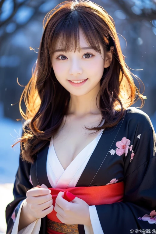 (Super beautiful woman in kimono)、((best qualtiy、8k masterpieces:1.3))、foco nítido:1.2、(ultra beautiful faces:1.0)、(shinny skin:1.0)、photos realistic、A dark-haired、Video Lighting、High-definition eyes and face、Video Lighting、Japanese actressl、from the front side、medium breasts、With a happy smile、Slender Abs Beauty、Whole body、wearing kimonos、In a snowy landscape in the middle of winter、highest grade obi