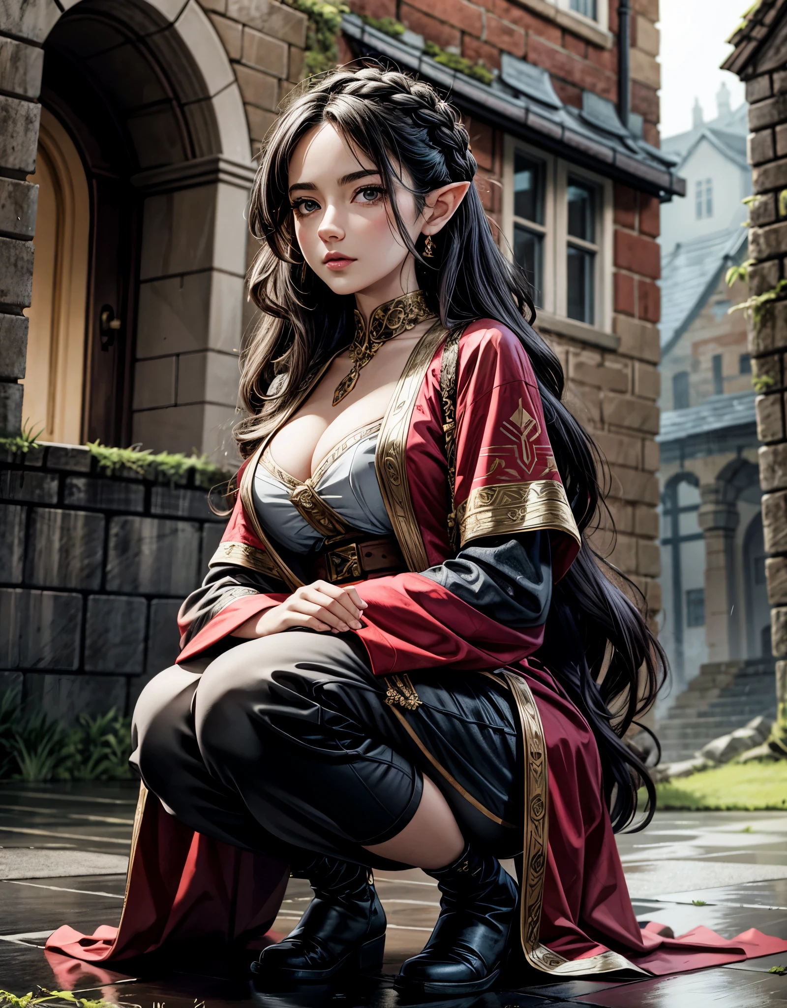 A character inspired by the royalty of Zelda's universe, a 30-year-old woman, stands out with long hair, dynamic posture and robust costumes. She adopts a deep squat pose, in the middle of a heavy street look, in front of a gigantic crumbling castle wall. Symmetrical and expressive eyes, long black hair and a vivid look contribute to the intensity of the scene. | Cinematic lighting and the use of chiaroscuro, rendered with Unreal Engine 5 and Octane, create a unique atmosphere. Sharp focus and highly refined details offer a captivating visual experience. | Cinematic portrait of Zelda's character, 30 years old, in a dynamic pose under the rain, in front of a crumbling castle wall, with precise focus, refined details and cinematographic lighting. | {The camera is positioned to capture her in a dynamic pose, squatting deeply on the rain-soaked street with the crumbling castle wall in the background} | ((long_hair:1), ((rugged):1), ((symmetrical_face):1), ((streetwear):1), ((rainy_background):1), More_Detail.