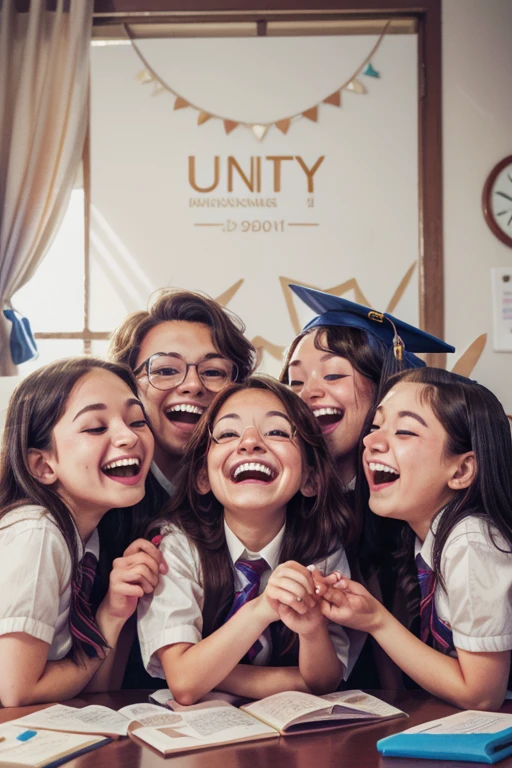 close_up of Laughing faces, Laughing heartily, Classmates, graduation, group photo, school, intricate, (masterpiece, Representative work, official art, Professional, unity 8k wallpaper:1.3)