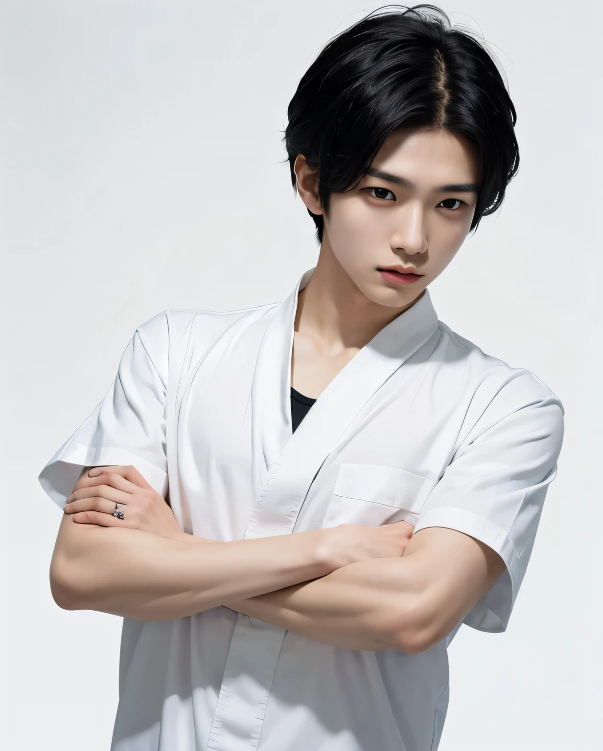 Supreme Quality, 8K resolution, Featuring Japanese men (A young man) An oozing sense of cleanliness. Male subjects must have black hairstyle with center parting, dressed in white clothes, Set on a pure white background. Artwork must skillfully depict the subject with folded arms, High level of resolution and emphasis on detail."