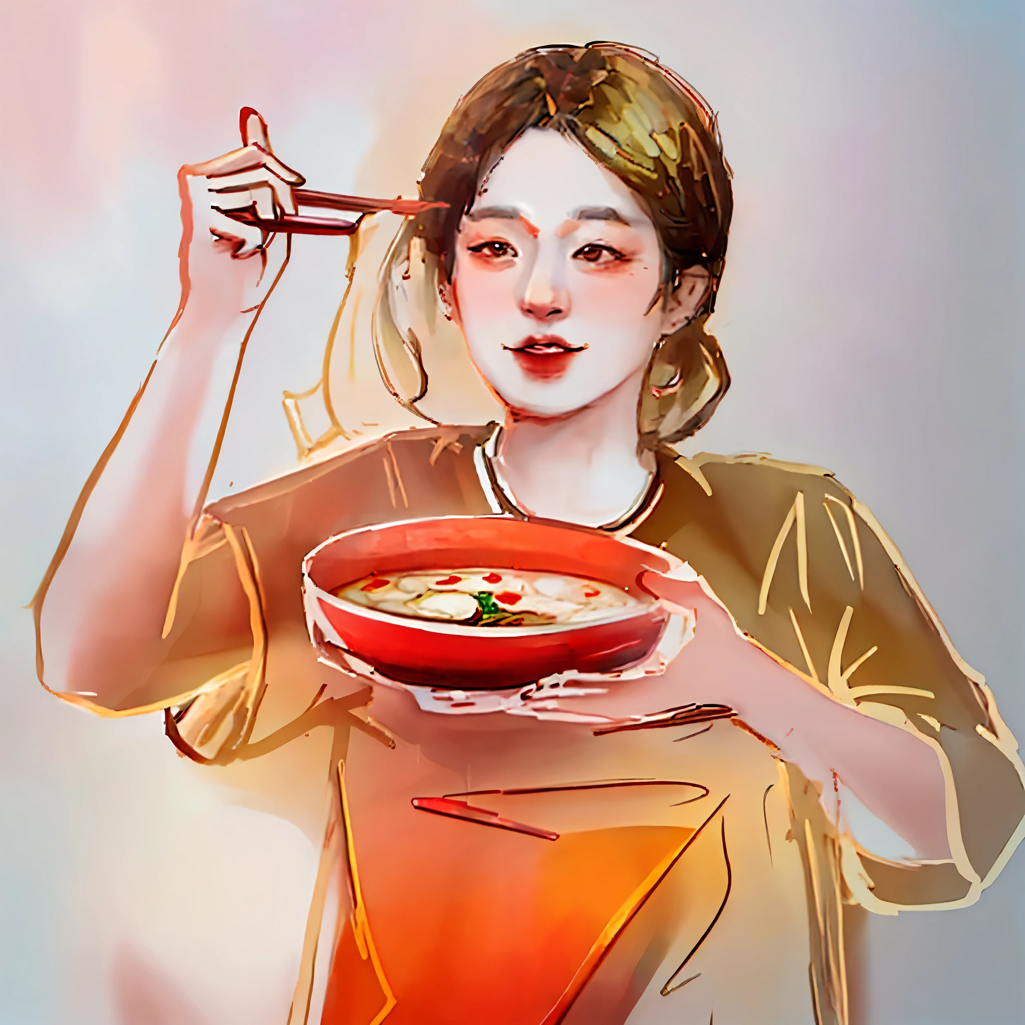 Fader painting of a woman holding a bowl of food and chopsticks, eats noodles, eats ramen, eats spaghetti from a bowl, korean woman, using fork, sketch illustratio, digital drawing, eats, traditional drawing style, Chinese woman, Inspired by Nan Guiyu, Inspired by Shin Yoon-bok, Line, line art portrait