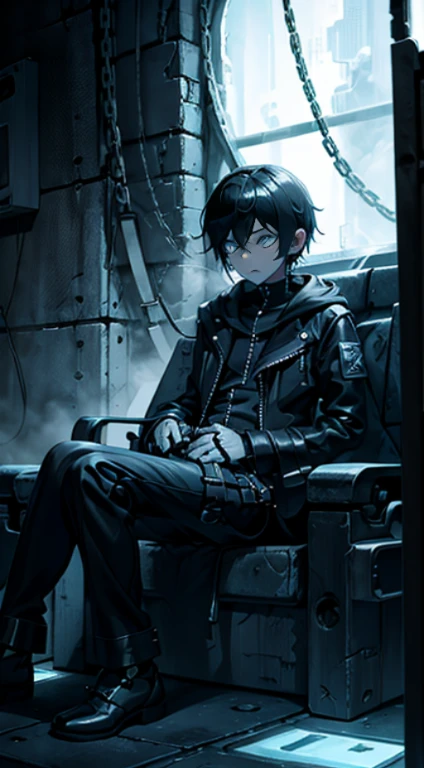 a naked handcuffed mato kuroi from black rock shooter sitting on an emo guys lap, space, space ship, futuristic, bdsm, bodnage, sex,rape , forced, sexual intercourse, handcuffed, restrained,