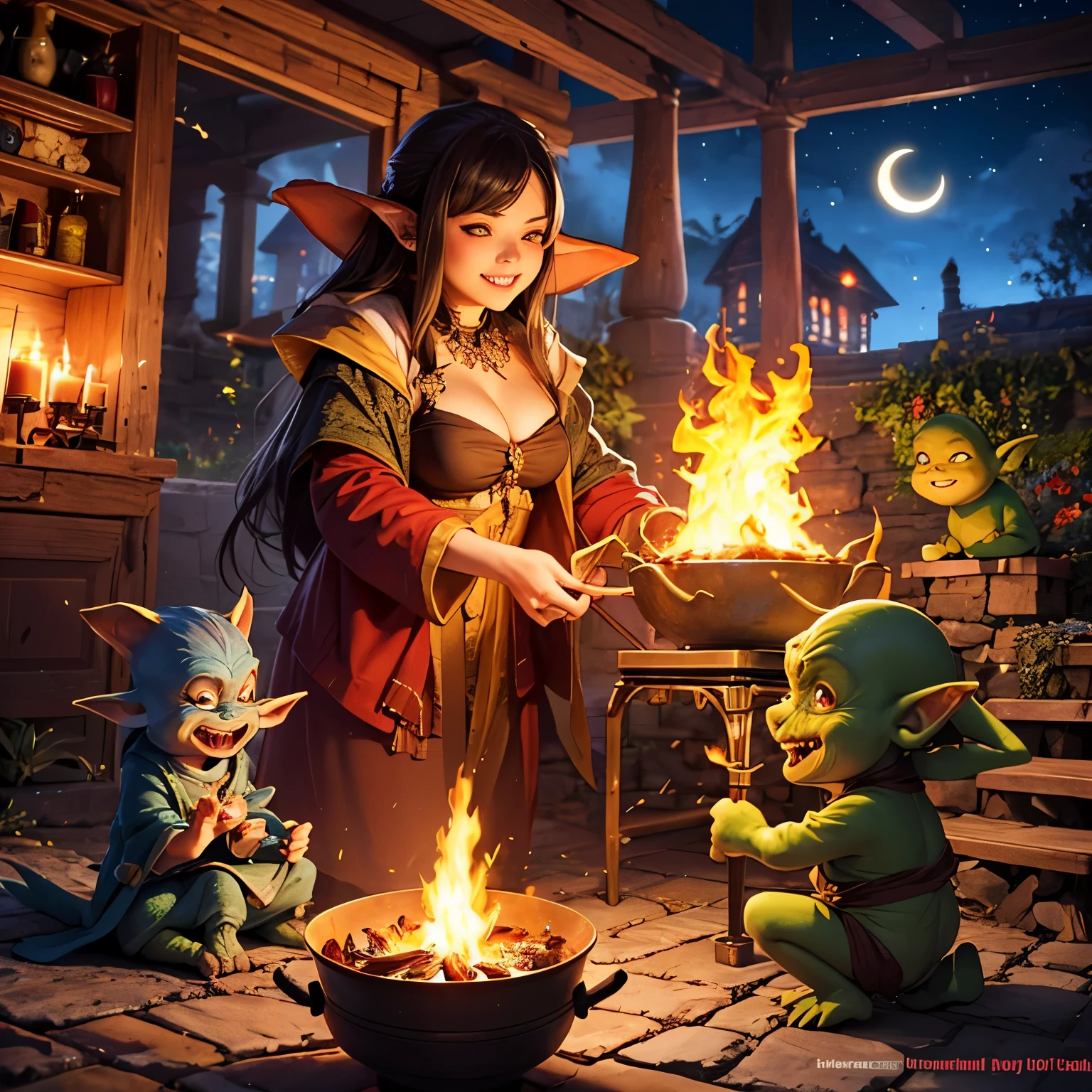 (highres,ultra-detailed),swarm of tiny smiling Goblins,garden scene with vibrant flowers and lush greenery,detailed features and expressions on each Goblin's face,lively and animated poses of the Goblins with varying heights and gestures,large cauldron placed on a sturdy tripod, billowing smoke from the cauldron,flickering flames of the cookfire illuminating the Goblins,sparkling and enchanting atmosphere created by glowing fireflies,shadowy corners with mysterious objects and potion ingredients,rich and intricate texture of the cauldron and surrounding objects,colorful clothing and accessories worn by the Goblins,delicate wisps of steam rising from the cauldron's boiling contents,the smell of various magical potions filling the air,subtle magical elements and shimmering aura surrounding the Goblins,starry night sky with a crescent moon shining above the garden,lively and joyful conversations among the Goblins,playful mischief and laughter echoing in the garden.