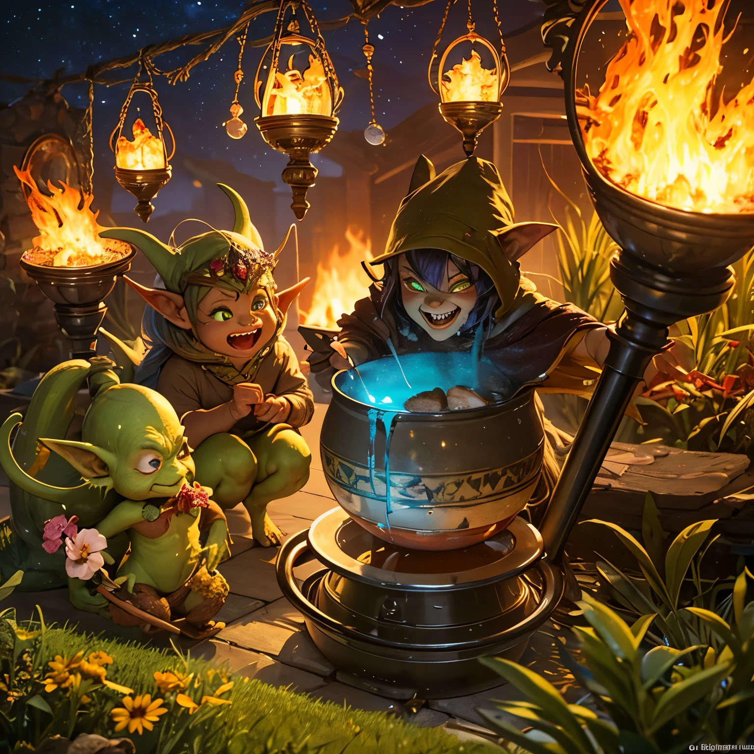 (highres,ultra-detailed),swarm of tiny smiling Goblins,garden scene with vibrant flowers and lush greenery,detailed features and expressions on each Goblin's face,lively and animated poses of the Goblins with varying heights and gestures,large cauldron placed on a sturdy tripod, billowing smoke from the cauldron,flickering flames of the cookfire illuminating the Goblins,sparkling and enchanting atmosphere created by glowing fireflies,shadowy corners with mysterious objects and potion ingredients,rich and intricate texture of the cauldron and surrounding objects,colorful clothing and accessories worn by the Goblins,delicate wisps of steam rising from the cauldron's boiling contents,the smell of various magical potions filling the air,subtle magical elements and shimmering aura surrounding the Goblins,starry night sky with a crescent moon shining above the garden,lively and joyful conversations among the Goblins,playful mischief and laughter echoing in the garden.