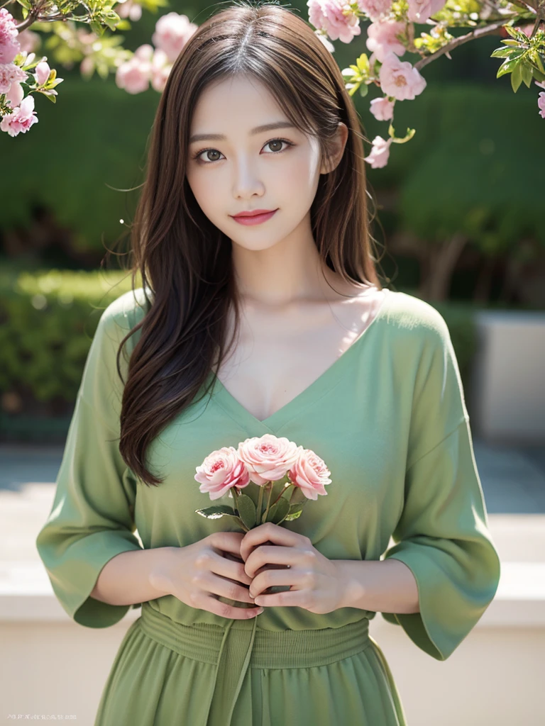 (Realistic, photo-Realistic:1.37), (masutepiece), (Best Quality:1.4), (超A high resolution:1.2),(Raw photo:1.2), 1girl、femele、Wavy black hair、shorth hair、bluntbangs、green colored eyes、pink dress、holding flower bouquet,a smile,finely eye and detailed face、8k wallpaper、intricate-detail、BREAK、Kaleidoscope background、Symmetrical pattern、vivd colour、Geometric shapes、mesmerizing designs、optical illusion、Dynamic Composition BREAK、pantomime art、expressive body language、Quiet storytelling、evocative gestures、 visual narratives、Theater BREAK、blooming flowers、Multicolored petals、fragrant scents、nature's bounty、vibrant gardens、Tranquil landscape,full bodyesbian