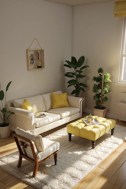 insanely detailed dollhouse, cozy bedroom, cute 3d render, attractive lights and shadows, white and yellow cushions, architecture, furniture, indoors, building, living room, room, rug, plants, home decoration, sofa, chair, interior design