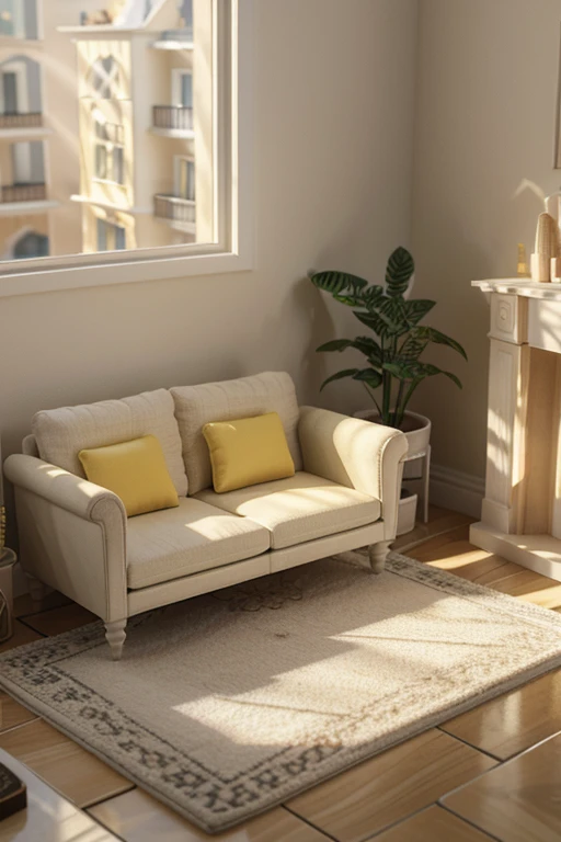 insanely detailed dollhouse, cozy bedroom, cute 3d render, attractive lights and shadows, white and yellow cushions, architecture, furniture, indoors, building, living room, room, rug, plants, home decoration, sofa, chair, interior design
