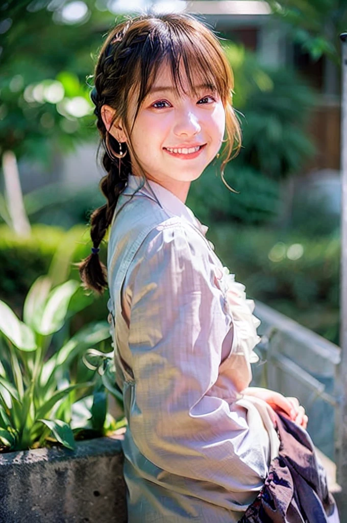 Smiling、profile、masterpiece, top-quality, Raw foto, Photorealsitic, Face, Beautiful girls, cute little, shorth hair, Floating hair、((Braided hair))、 {{{{Colossal tits!!}}}}、depth of fields, hight resolution, ultra-detailliert, finely detail, extremely detailed, Very detailed eyes and face, Sharp pupils, foco nítido, Cinematic lighting