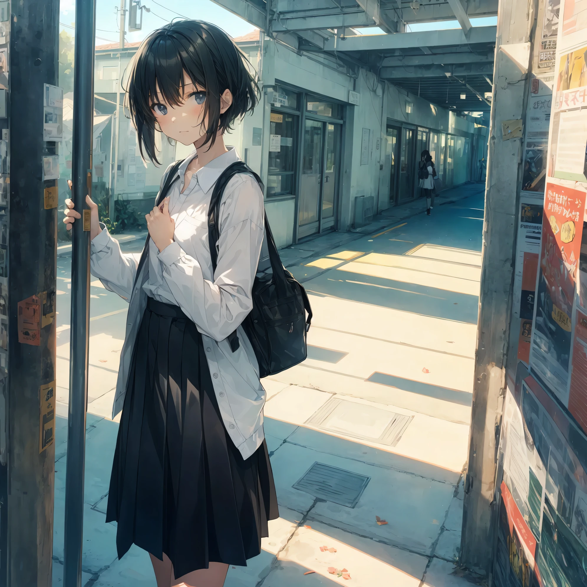Super high quality by the art god, Ultra-detailed, High resolution, Shinkai Makoto style, anime moe art style, best anime 8K konachan wallpaper, Pixiv Contest Winner, Perfect Anatomy, BREAK,(Please draw a sleepy girl going to school alone.. ),BREAK, a hyperrealistic schoolgirl, (Solo,Lori,,13yea:1.3),Full limbs, complete fingers,a junior gynous attraction, (Very short hair), hair messy, flat chest, Small butt, groin, Small eyes,Beautiful detailed black eyes, Well-proportioned iris and pupils, disgusted eye, High resolution detailed hair, School uniform, Skirt, On the way to school. BREAK,Ultra-detailed細なスキン, Best lighting by famous artists, 8K, Illustration,
