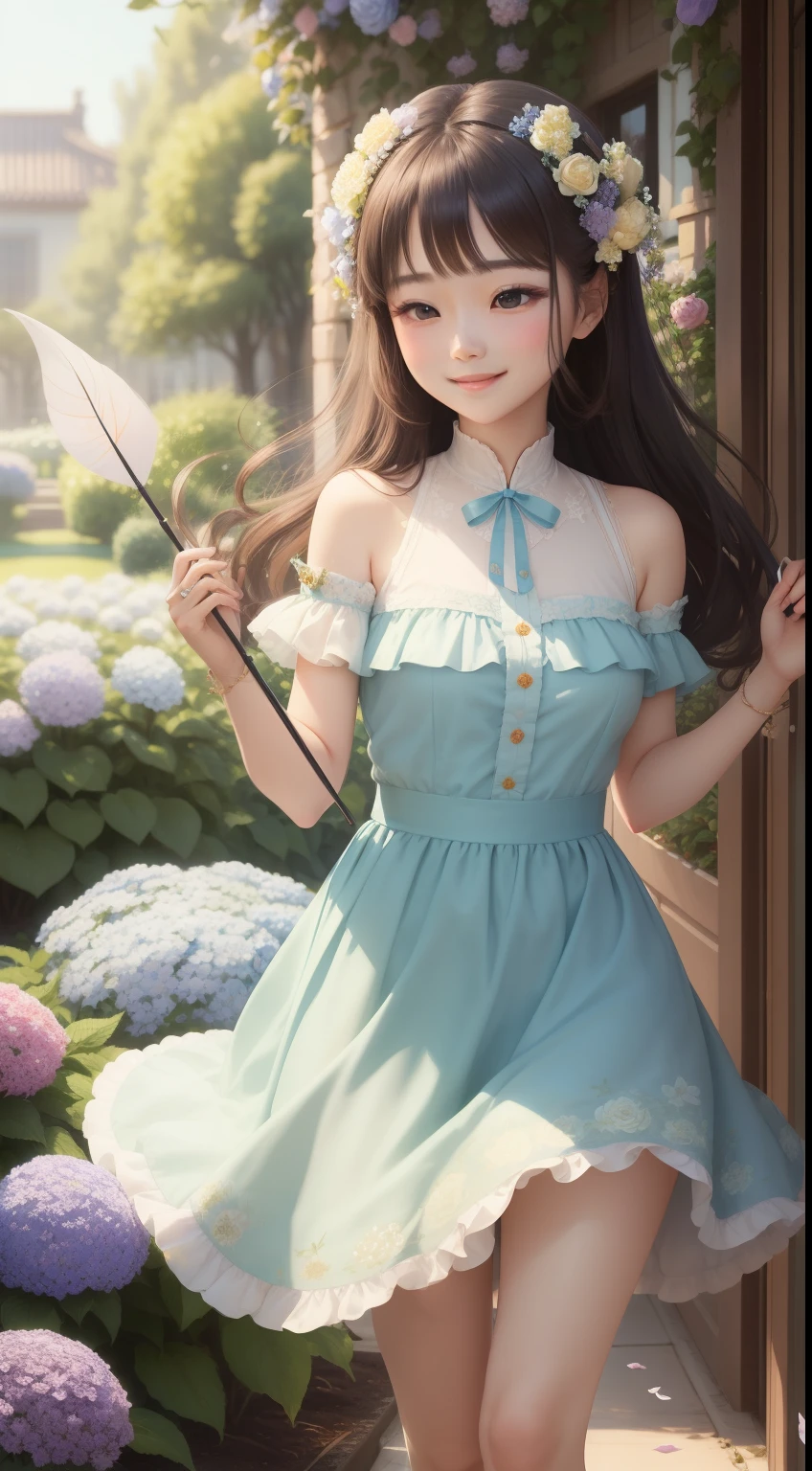 When the flower fairy steps into the garden，Flowers danced to welcome her。She shuttles between blooming roses and colorful hydrangeas，Smiling，Holding a magic wand in hand。The breeze caresses her soft petal wings，The flower fairy floats gracefully in the air，Dizzying。Her smile is like the spring sunshine，warm and bright，Let every flower exude more brilliant colors。The arrival of the flower fairy，Make the whole garden full of magic and life，Let every plant feel infinite love and care。