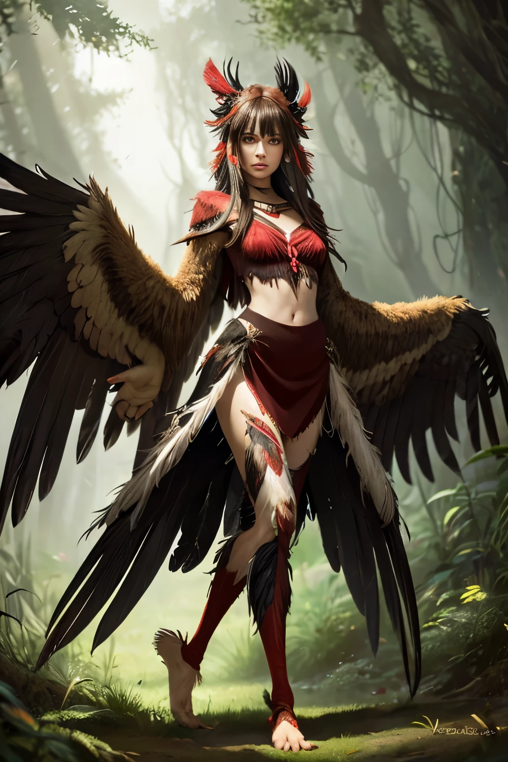 generate realistic images of (Harpy).

The face and body should be human., and the hands and feet should be Harpy.

Specifically,

A realistic harpy with a beautiful human face with sharp eyes, pointed ears, and hair with feathers, taloned bird-like hands and feet, black and red feathers, and a dark forest or wilderness background.