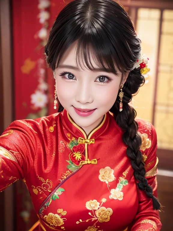 The eyes are delicate，Beautiful girl with double braids wearing sexy cheongsam，Chinese new year decoration（（grinning smile））（（（tmasterpiece）））， （（Best quality））， （（intricately details））， （（hyper realisitc））（8K）