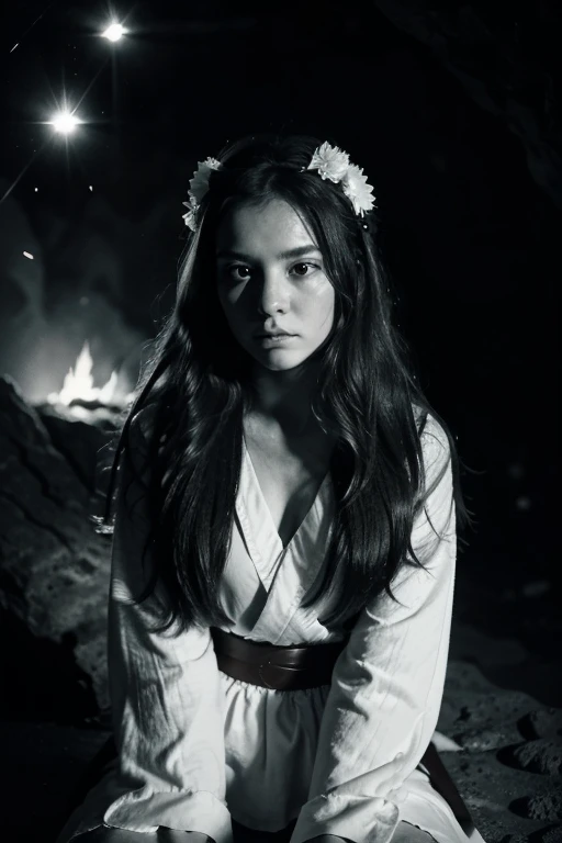 (best quality, masterpiece), (1girl, solo,brown robe, expression face, looking away, sitting, wide sleeves, black eyes, closed mouth, ribbon shape fire on head, long hair, cowboy shot), (Monochrome, night sky at cave entrance , light rising from the bottom, inside Cave, floating glowing bunch of white particles, burning fire at hand, floating many small fires),