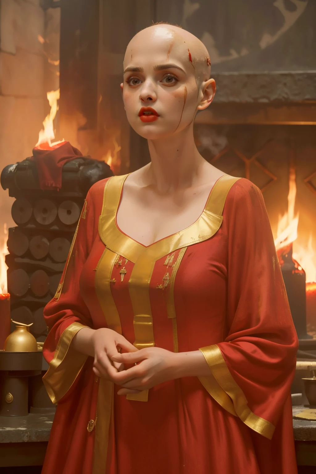 1142, Kingsbridge, England. otherworldly caos scene, ((((22-year-old)) Alexandra Daddario)), surrounded by big fires, ((terrified expression)), ((((burnt face and hair, almost bald)))), ((((scarlet tunic gown from the 12th century)))), ((Wes Anderson cinematic style)), colorful
