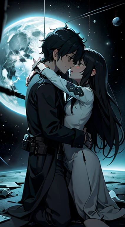 a naked handcuffed mato kuroi from black rock shooter hugging an emo guys, space, space ship, futuristic, bdsm, bodnage, sex,rape , forced, sexual intercourse, handcuffed, restrained,