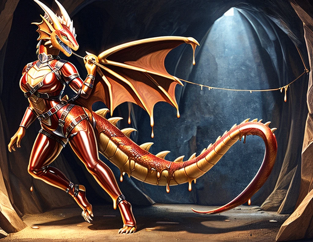 red, a photorealistic HD cg closeup render of a female paladin knight morphing into a latex dragon as a cursed dragon tack wraps around her body, red, human latex dragon hybrid, wearing dragon's saddle, harness, bridle, and heavy plate armor, inside abandoned stall in subterranean dragon aerie cave, heavy armor, human morphing into latex rubber goo dragon, latex goo coating