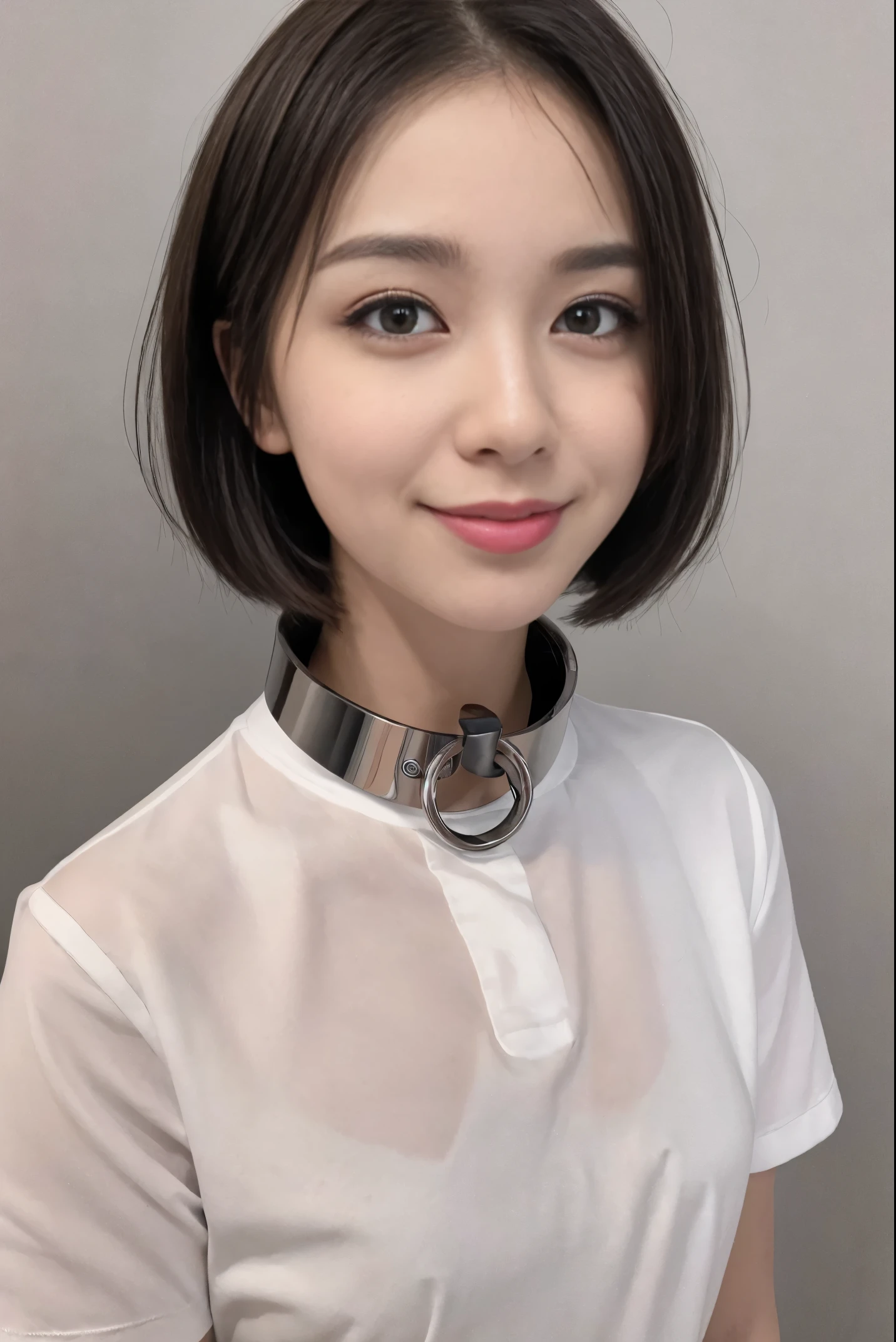 (8K, An ultra-high picture quality,top-quality),(​masterpiece:1.5),face,looking at viewer,(simple background),girl with,(short sleeved shirt),((Iron collar)),((short hair)),a smile