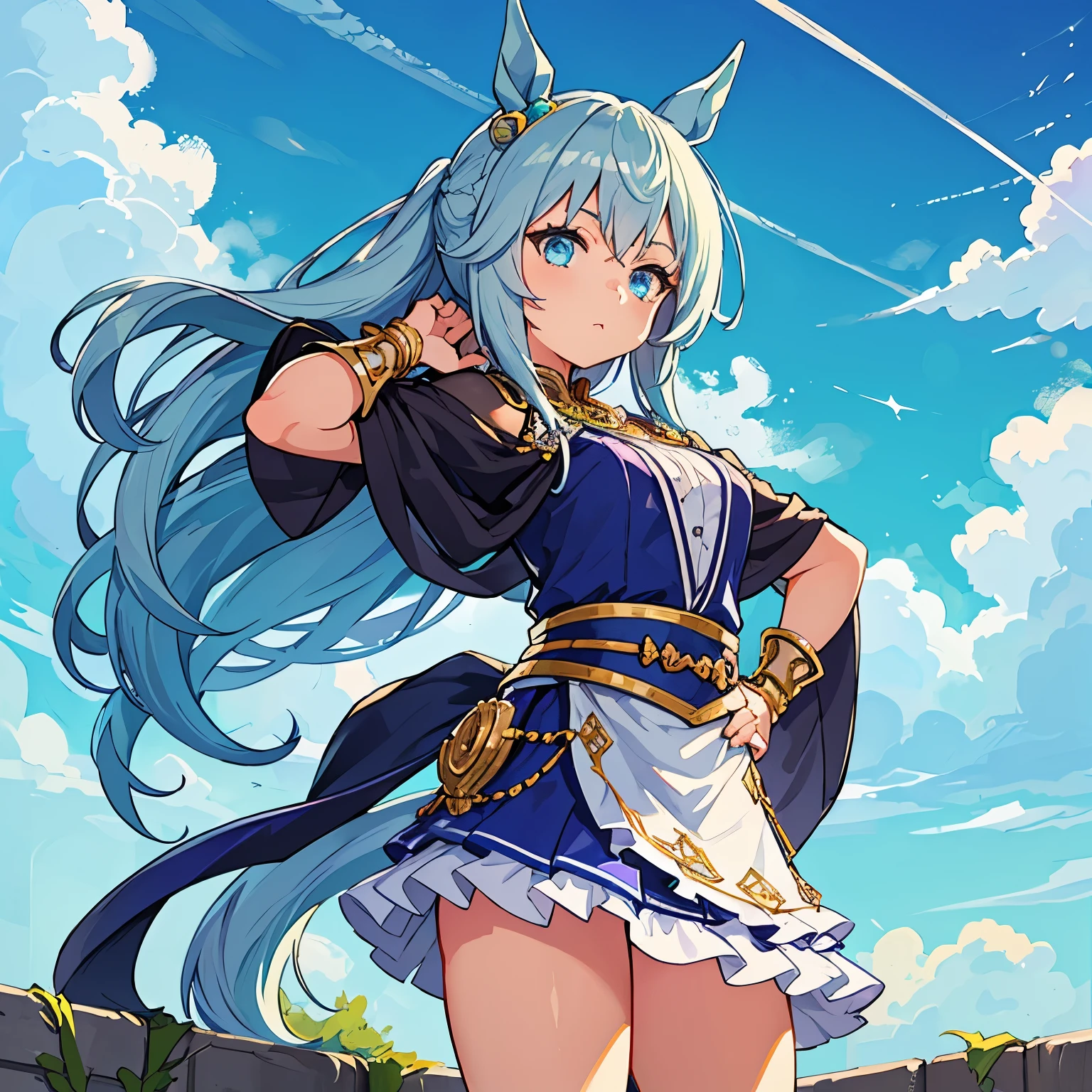 character design，solo person，1girl，Arrogance and indifference，big chest and thin waist，petite，sky blue hair, Shawl hairstyle, long hair，detailed hair, decorated horse ear，horse tailed, umamusume pretty derby, pastel celtic style clothing，silver metal jewelry，pretty legs，Sky blue，Costumes full of details