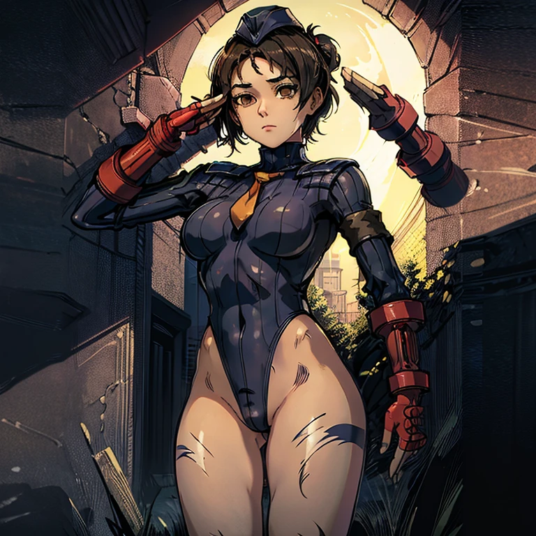 ultra-detailed, Explicit, Beautiful body, Beautiful Nose, Beautiful character design, perfect eyes, perfect face, ultra highres, 4K, beautiful legs, perfect legs, Nice hands, Perfect hand, Masterpiece, Best Quality, Highly detailed, illustration, absurdres, street fighter, doll suit, shadaloo doll, dollsuit, expressionless, blank eyes, looking at viewer, red gloves, emotionless, black latex, corrution, mind control, female combatant, full body, hypnotized, unhappy trance, full body suit, ribbed bodysuit, both arms at side, obey, perfect female body, extremely glossy latex, hypnosis, hypnoLora, empty eyes, Mind control device, poses, submissive_pose, Slave, hat, necktie, stand up straight, standing, standing at attention, hat, necktie, belt, latex, ribbed bodysuit, thighhighs, garter belt, Fighting Stance, extending the right arm from the shoulder into the air with a straightened hand, nazi saluting, military, military saluting, salute, thigh boots, solo, 1girl, Clementine, The Walking Dead: The Final Season, brown hair, brown eyes, short hair