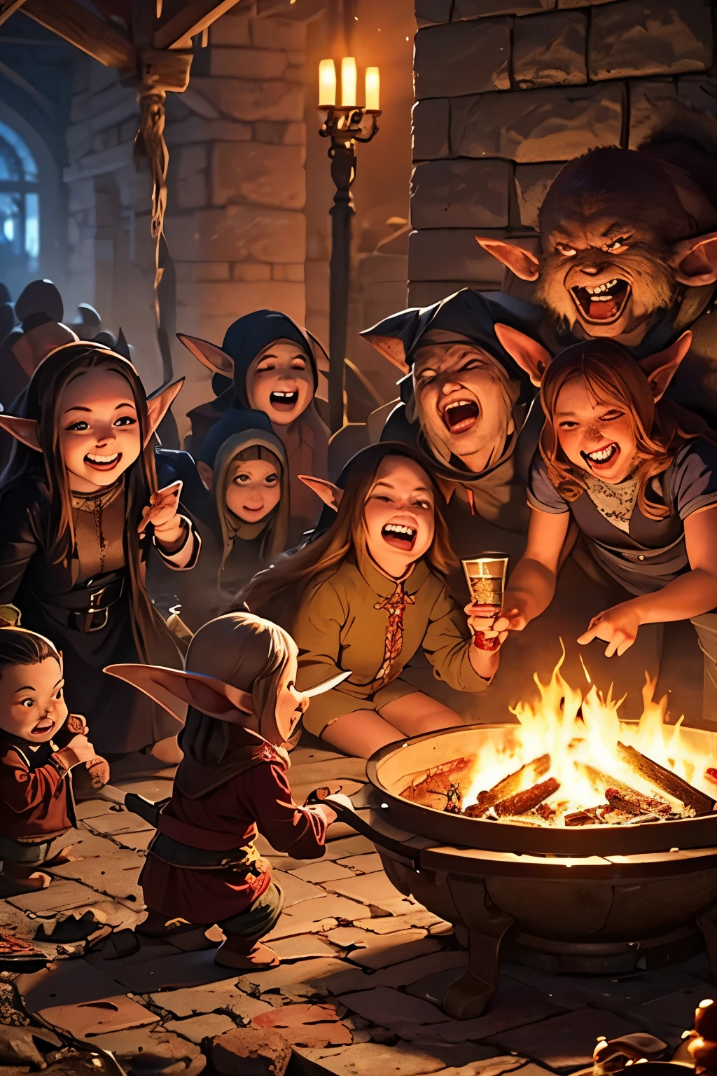 A swarm of tiny laughing Goblins are gathered around a bruised defeated elf woman that is dressed in tattered clothes, a large cauldron boils on a cookfire nearby