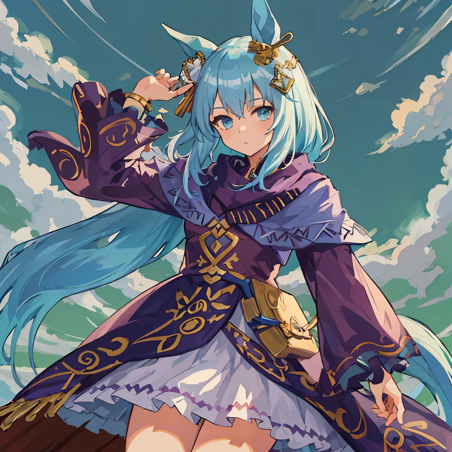 character  design，solo person，1girl，Arrogance and indifference，big chest and thin waist，petite，sky blue hair, Shawl hairstyle, long hair，detailed hair, decorated horse ear，horse tailed, umamusume pretty derby, pastel celtic style clothing，silver metal jewelry，pretty legs，Sky blue，Costumes full of details