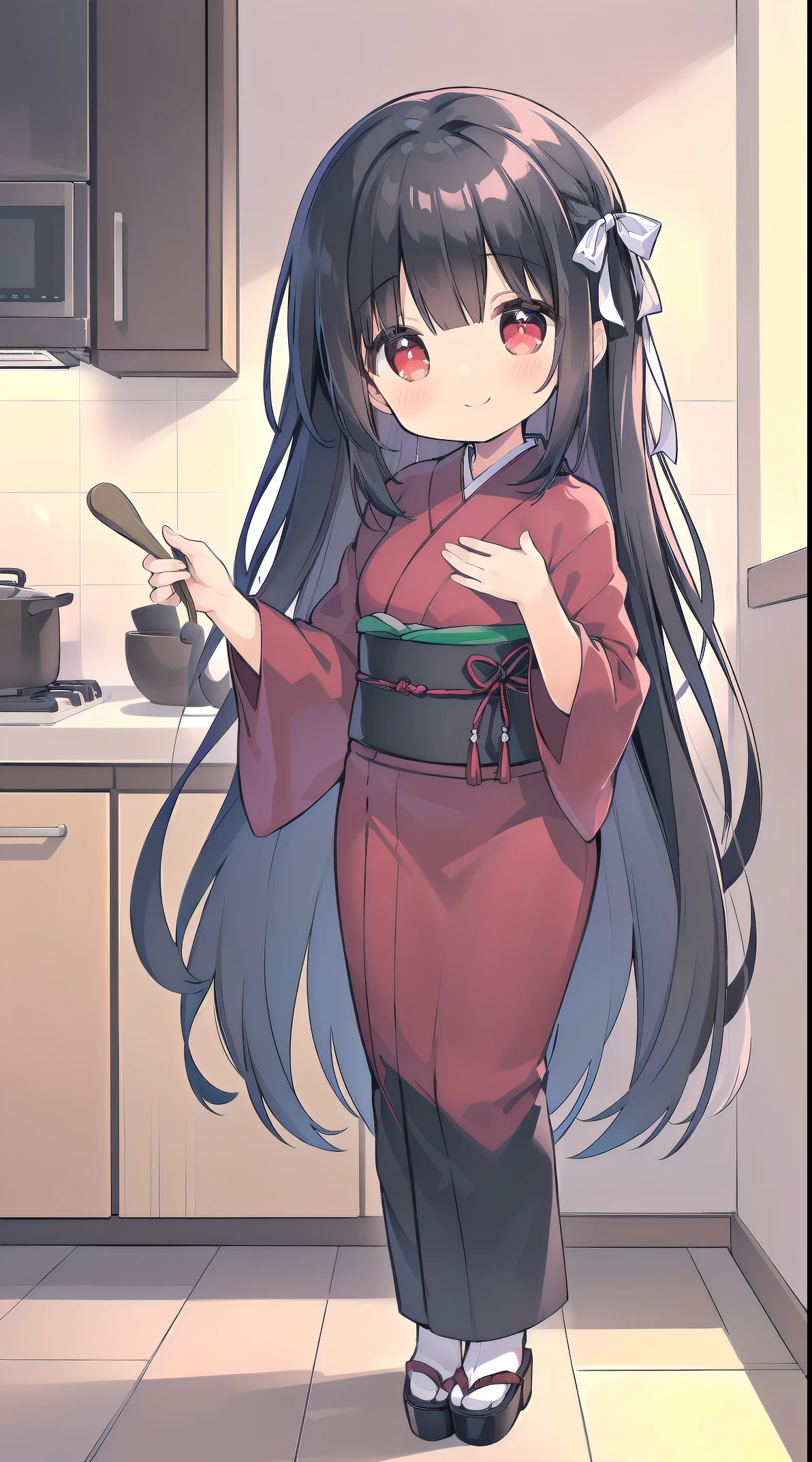 (wearing cute kimono, ribbon furisode:1.5), picture in the kitchen where she is cooking dinner and lookin back to viewer, (gentle housewife, small girl, full body, depth of view, petite and short figure girl, cute and little girl, perfect woman, medium cleavage, mature aura:1.2), (masterpiece, best quality, HD Pictures, 4K:1.1), outdoor, ((very long hair, bangs, gentle look, gentle smile, gentle eyes, mature looking, pinkish cheeks, very detailed eyes, very detailed pupils, very detailed ridiculously long black hair, detailed face, detailed ruby red eyes)), full body, look up to viewer, detailed long black hair, (happy gentle face, warm smile, blushing red cheeks, hands reaching to viewer pose:1.3)