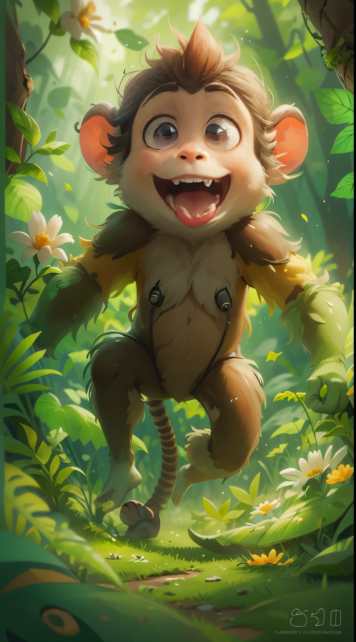 A cute monkey，Play in the forest，up front view, close up, Pixar cinematic style, Best quality at best, cinematic Film still from, extremely cute, largeeyes, eyes with brightness, Bananas and surrounding flowers, with her mouth open, Happy，