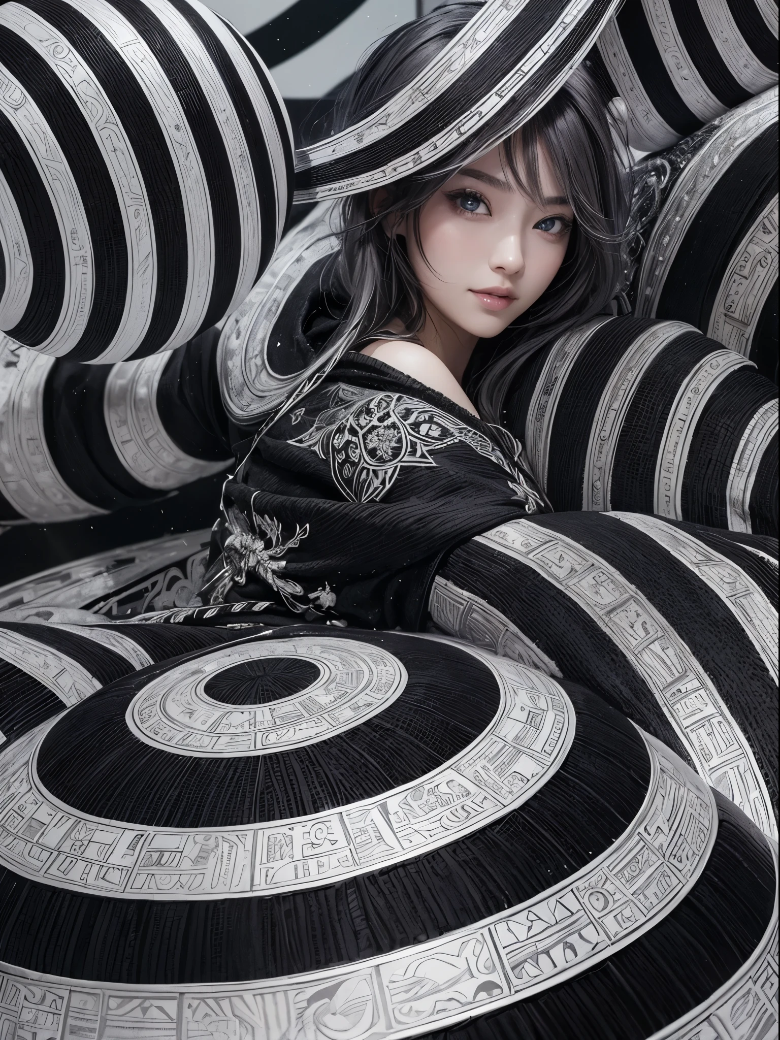 (Realistic:1.8), (Digital art:0.2), (Geometric art:1.7),(agpi official art, beautiful and aesthetic, ultra detailed, beautiful, masterpiece, best quality:1.6), (1girl:1.2), (Detailed face:1.2), (Detailed eyes, Glossy Lip:1.5), Detailed hair, young fingers, Detailed fingers, five fingers, BREAK cute ig model, Japanese cute model, 22 years old, Tightened all body, small head, small face, small mouth, diamond Face, small nose, Sharp Faceline, (dropy eyes, Double eyelid, Light color eyes, Glossy eyes, Shiny eyes:1.2), Shiny skin, shiny hair, (gray hair:1.2),
_
BREAK (happy, smile, Teeth:1.2),beautiful Teeth, (upper body:1.5), sitting, from front,
_
BREAK (BLACK and White theme:1.4), (view:1.2), (close-up emphasizing sweatshirt details:1.2), BREAK (black theme:1.2), (oversized black hoodie with geometric cutouts and patterns:1.2), (white skinny leggings with subtle geometric patterns:1.2),