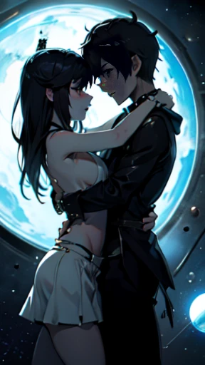 a naked handcuffed mato kuroi from black rock shooter hugging an emo guys, space, space ship, futuristic, bdsm, bodnage, sex,rape , forced, sexual intercourse, handcuffed, restrained,