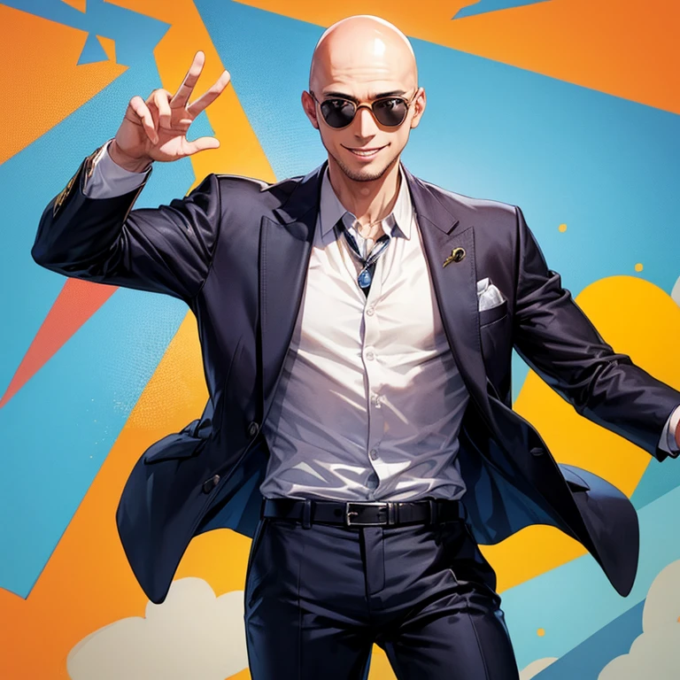 A cheerful man in his 20s who is bald and wears a suit wearing sunglasses.。
