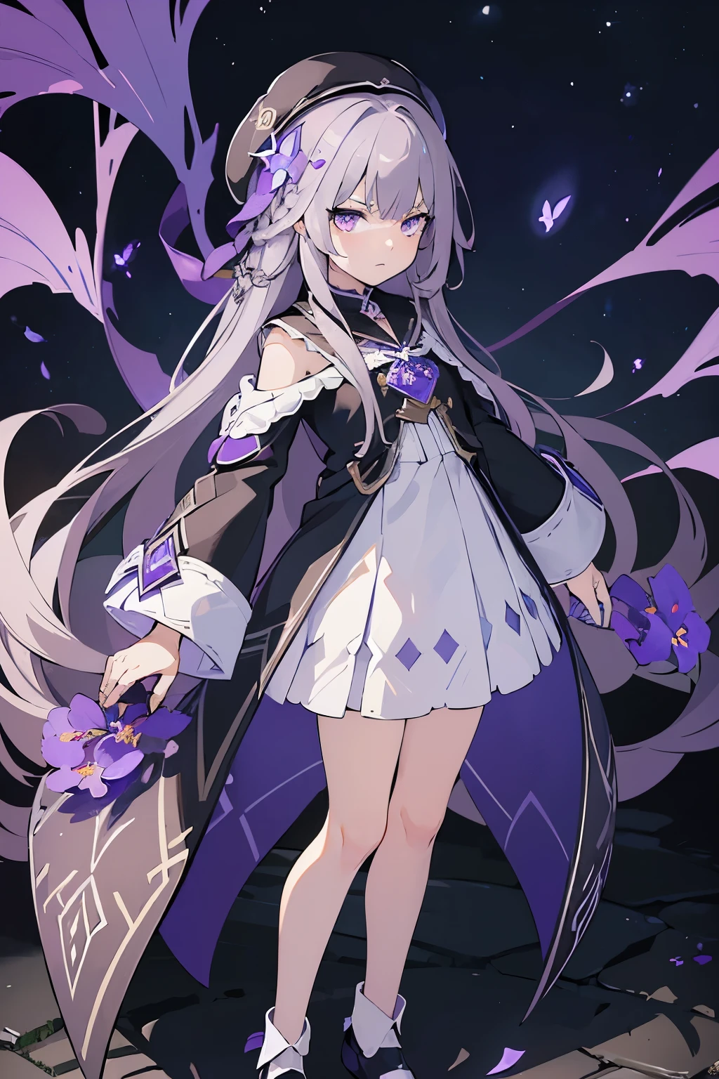 (best quality:1.3), (masterpiece:1.3), (illustration:1.3), (ultra-detailed:1.3), 1girl, solo, very young, flat chest, purple eyes, white hair, long hair, white dress, black coat, black beret, serious expression, angry expression, looking at viewer, purple flower, hair ornament, short, french braid, night sky, glowing purple butterfly, full body, black shoes, standing