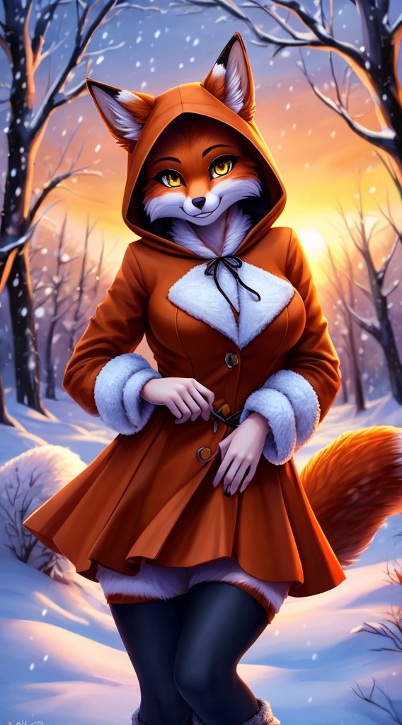 Alice, 独奏, 1girl, animal ears, Color: Red, Orange, female focus, 1 fox tail, Red tail of the best quality, exteriors, Orange skirt with fur trim, black stockings, happy face, hood, Detailed background, orange jacket, fur-trim, Furry, Fluffy, fur-trimmed sleeves, Orange fur coat with fur trim, Fox ears of the best quality, a 1girl, 独奏, Focus Photo, Smile, blusher, looking a viewer, Evening sunset, winter, It's snowing, detailed yellow eyes, Detailed beautiful yellow eyes, detailized face, detailed hands and fingers, High-quality hands and fingers, Perfect anatomy of the body, Perfect posture, Perfect anatomy of the hand, Perfect finger anatomy, Heightened sexuality, big breastes, skinny waist, winter boots, beste-Qualit,in detail,high-resolution illustration, Cute, canny smile, blusher, Vulgar girl, A thin, soft, Beautiful and detailed portrait, 8K, HDR, Excellent quality, higly detailed, Detailed fur, ((tail correct position)), handsome girl, In a snow-covered dark forest, among the trees, Winter forest landscape, Eyes of detail, 电影灯光