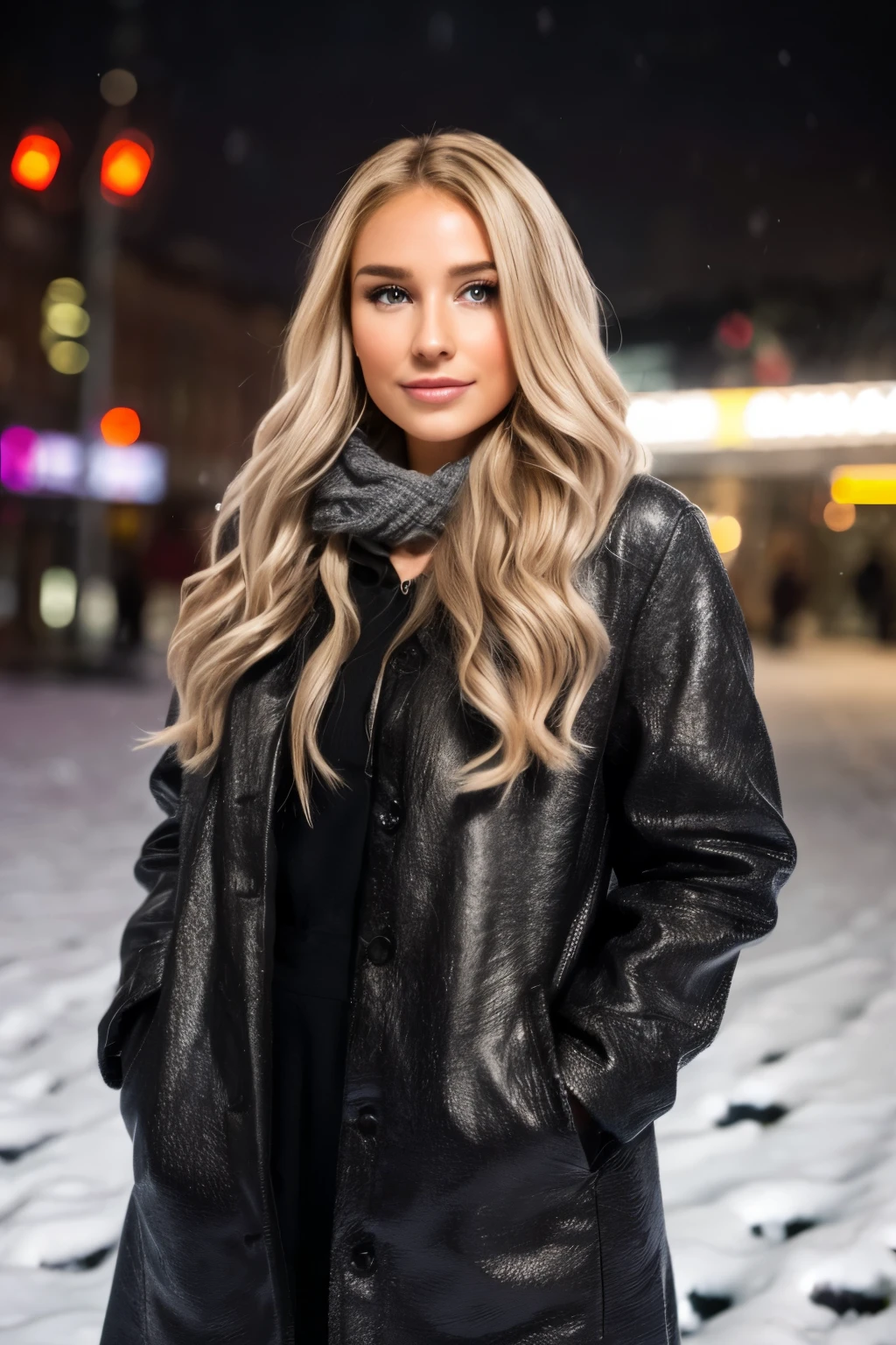 Professional portrait photo of a beautiful Norwegian girl in winter clothes with long wavy blond hair, sultry flirtatious look, (Sommersprossen), Beautiful symmetrical face, cute natural makeup, elegante, warme Wintermodekleidung tragen, ((Standing outside in the snowy city street)), atemberaubende moderne Umgebung, ultra realistisch, Konzeptzeichnung, elegant, Highly detailed, kompliziert, Scharfer Fokus, Depth of field, f/1. 8, 85mm, Mittlerer Schuss, Mittlerer Schuss, (((Professionell farblich abgestuft))), helles, weiches, diffuses Licht, (Volumetrischer Nebel), Auf Instagram im Trend, HDR 4K, 8K