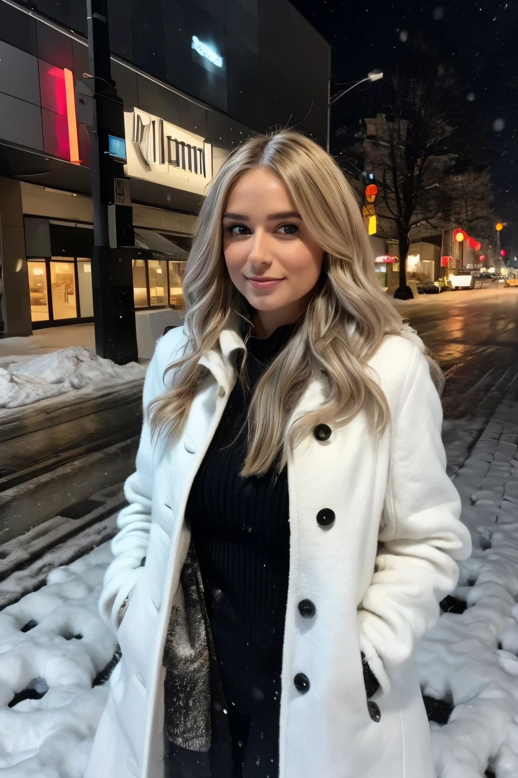 Professional portrait photo of a beautiful Norwegian girl in winter clothes with long wavy blond hair, sultry flirtatious look, (Sommersprossen), Beautiful symmetrical face, cute natural makeup, elegante, warme Wintermodekleidung tragen, ((Standing outside in the snowy city street)), atemberaubende moderne Umgebung, ultra realistisch, Konzeptzeichnung, elegant, Highly detailed, kompliziert, Scharfer Fokus, Depth of field, f/1. 8, 85mm, Mittlerer Schuss, Mittlerer Schuss, (((Professionell farblich abgestuft))), helles, weiches, diffuses Licht, (Volumetrischer Nebel), Auf Instagram im Trend, HDR 4K, 8K