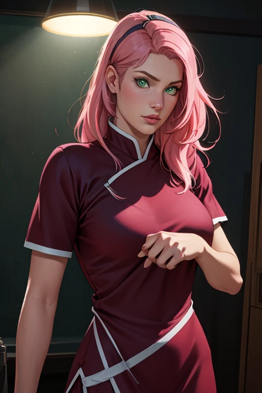 Super-realistic, (front focus),(in the dark:1.6), Hyperrealist portrait of female by david hockney and alphonse mucha,fantasy art, photo realistic, dynamic lighting, artstation, poster, volumetric lighting, very detailed faces, 4 k, award winning, a pink haired mature female, solo, 1girl, sakura\(boruto\), in the dark, deep shadow, low key,cowboy shot,(official clothing:1.4) , long hair, pink hair, perfect face, perfect nose, perfect green eyes, perfect lips, realistic face and body, low key image, sharp texture, 4k, 8k, shot with Canon EOS 5D Mark III, 50mm, f/8, upper body closeup, big breasts, standing